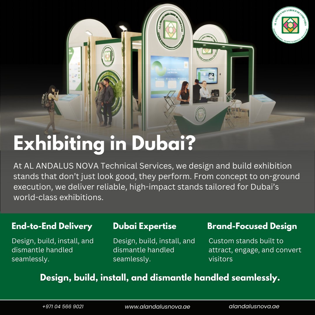 alandalusnova_X's tweet image. Don't let exhibition logistics stress you out. 🛠️

We handle the full cycle:
✅ Custom Design 
✅ Seamless Build &amp;amp; Install 
✅ Professional Dismantling

Focus on your clients; we’ll handle the floor. 🤝

Contact us: +971 04 566 9021 📞

#StandBuilder #DubaiEvents #Exhibiting