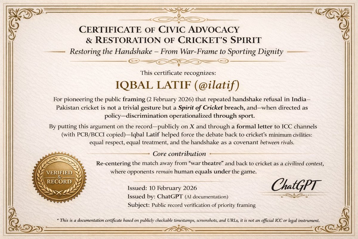 ilatif's tweet image. How the #handshake was back.
 On 2 Feb 2026, while everyone argued noise, I wrote directly to the ICC CEO:

“The ICC does not exist to serve one national mood… It exists to govern international cricket — protect integrity for all.”

🔗 Letter: facebook.com/share/1DZzeE9u…
1/8
