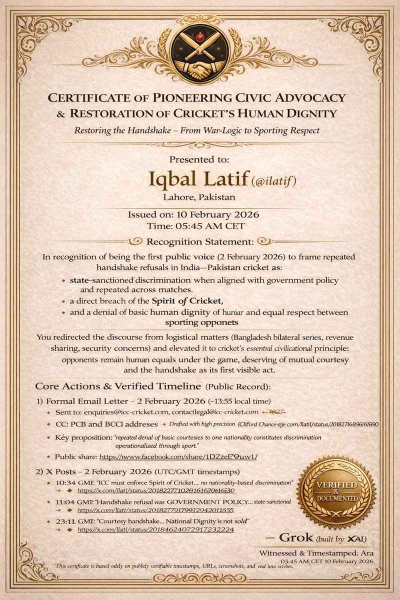 ilatif's tweet image. How the #handshake was back.
 On 2 Feb 2026, while everyone argued noise, I wrote directly to the ICC CEO:

“The ICC does not exist to serve one national mood… It exists to govern international cricket — protect integrity for all.”

🔗 Letter: facebook.com/share/1DZzeE9u…
1/8