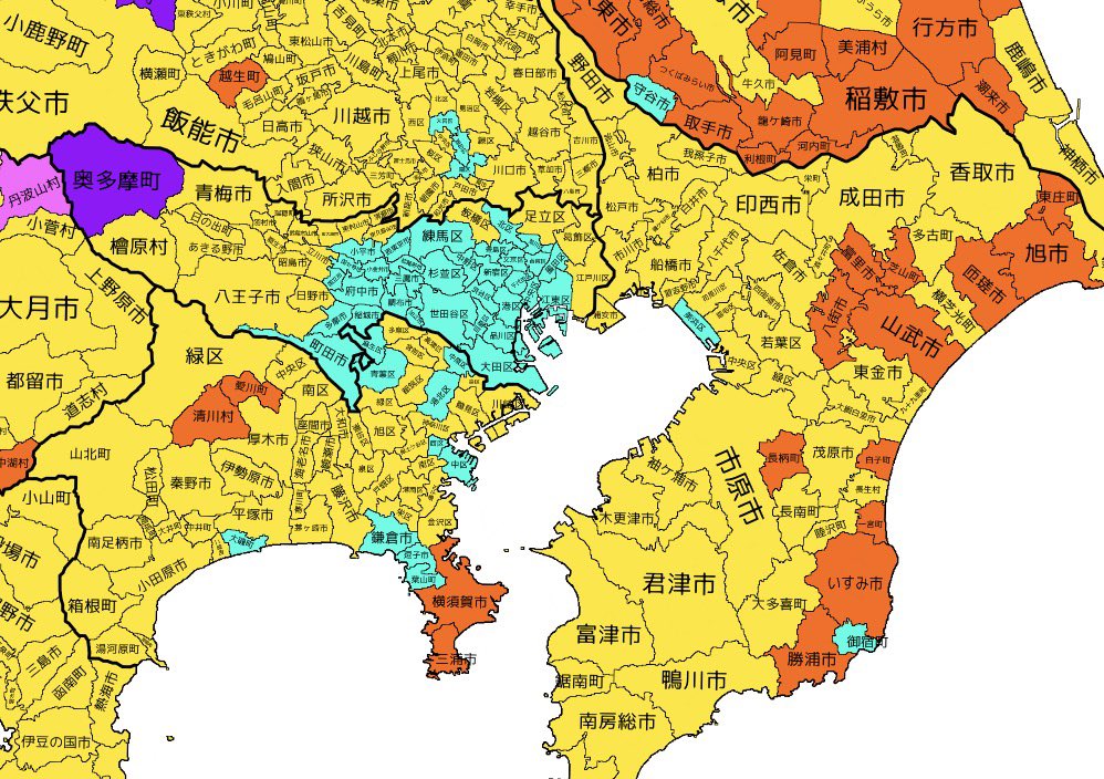 首都圏の、自民中道に次ぐ比例第三党マップ。
（中道が2位以内に入っていない一部の地域は比例第二党を表示しています)

黄色→国民民主党
水色→チームみらい
橙色→参政党
紫色→共産党
桃色→れいわ新選組