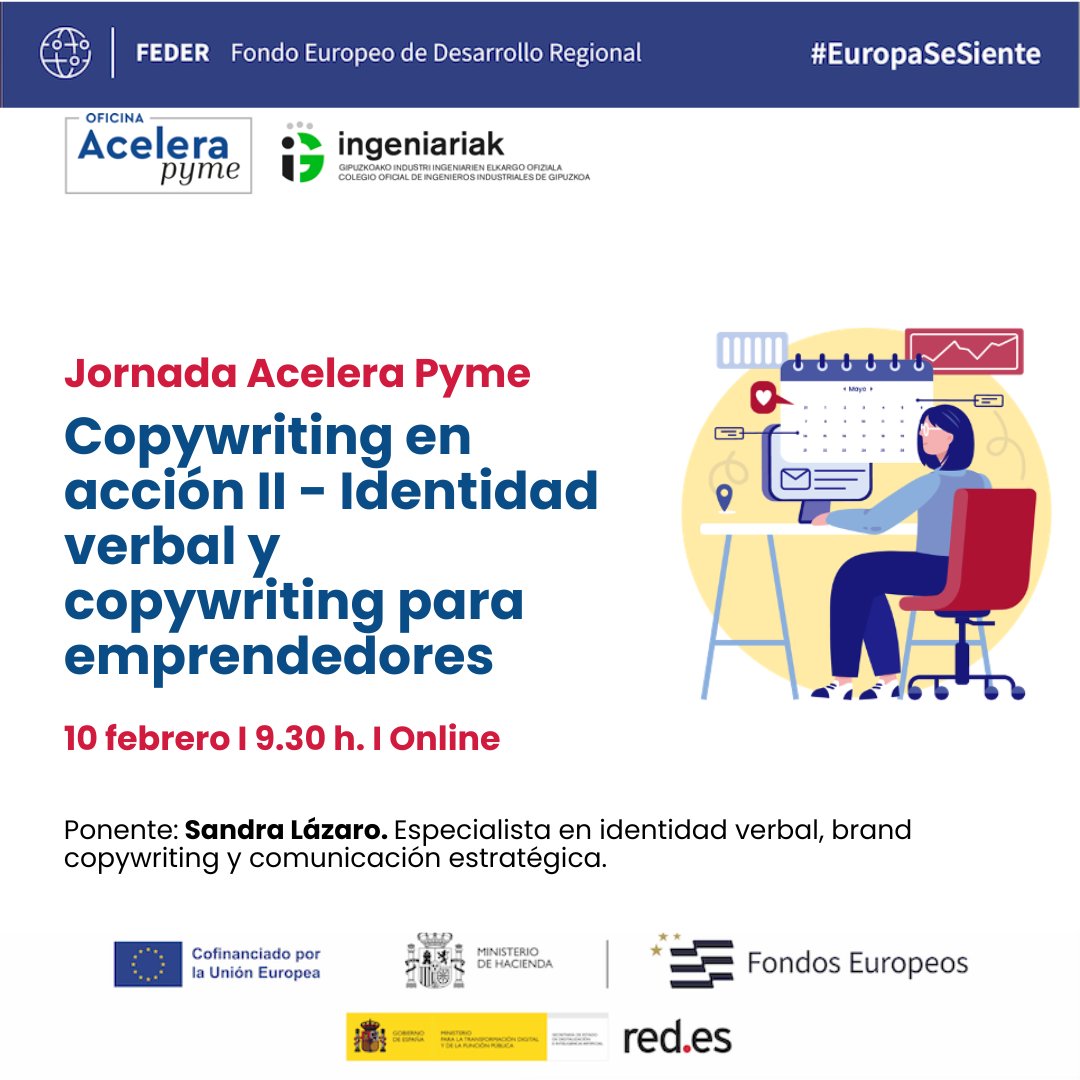 ⏰ En 30 min empezamos
#Copywriting en acción II: identidad verbal para #emprendedores.
Microcopy, empatía y mensajes que conectan.
🎤 Sandra Lázaro 
 #FEDER <a href="/redpuntoes/">Red.es</a> <a href="/Acelerapyme/">Acelera pyme</a>