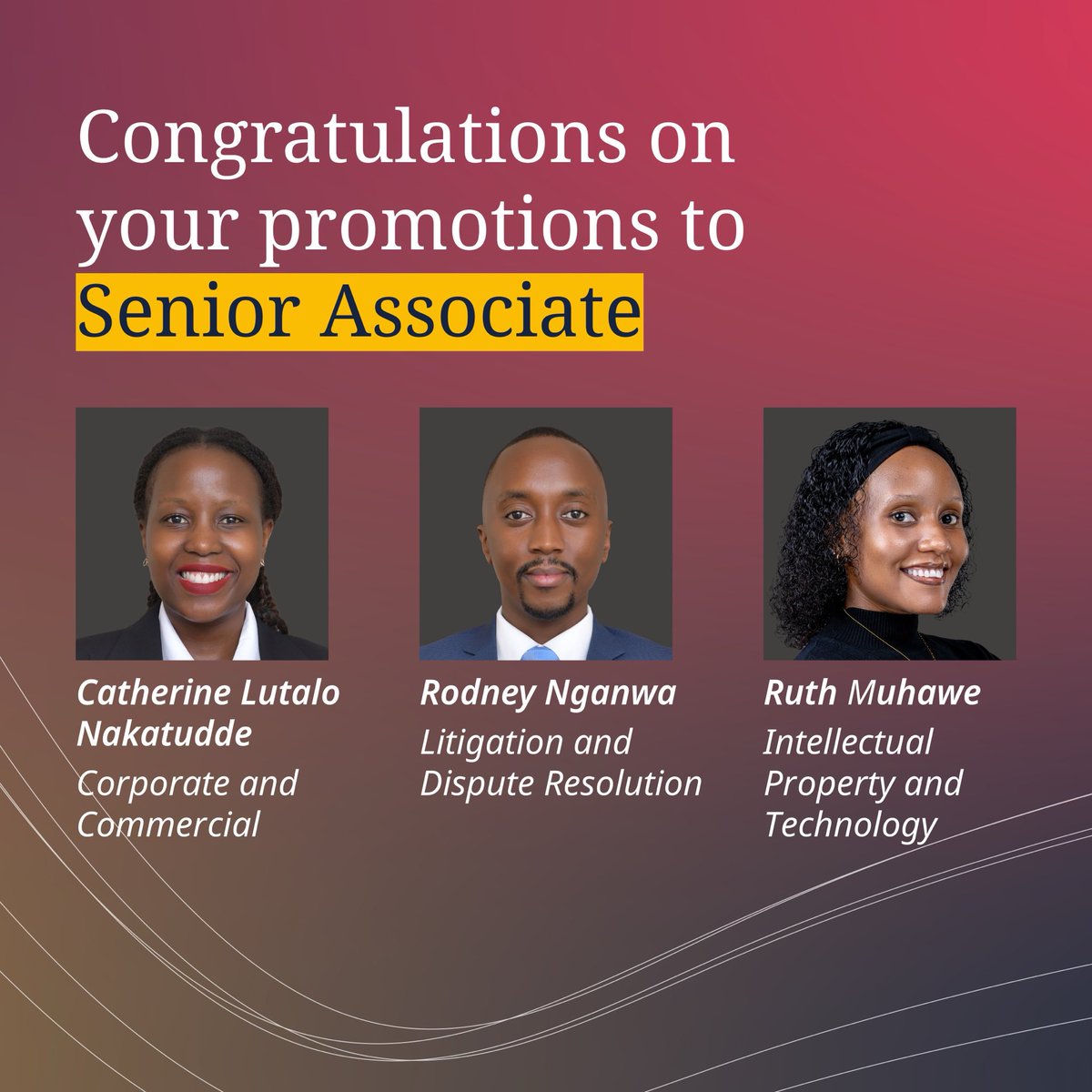 SL_Advocates's tweet photo. We celebrate the career milestones of the following team members:

🎯 Joseph Luswata — appointed Head of Litigation & Dispute Resolution
🎯 Josephine Muhaise @j_muha  — promoted to Partner
🎯 Rodney Nganwa — promoted to Senior Associate
🎯 Catherine Lutalo Nakatudde @cat_hyl_  — promoted to Senior Associate
🎯 Ruth Muhawe @ruth_muhawe — promoted to Senior Associate
🎯 Rachel Nakalema @ray___rachel — promoted to Associate

These promotions and appointment are a testament of hard work, professional growth, and our commitment to excellence.

Please join us in congratulating the team and wishing them success as they step into their new roles!

#Promotions #CareerMilestones