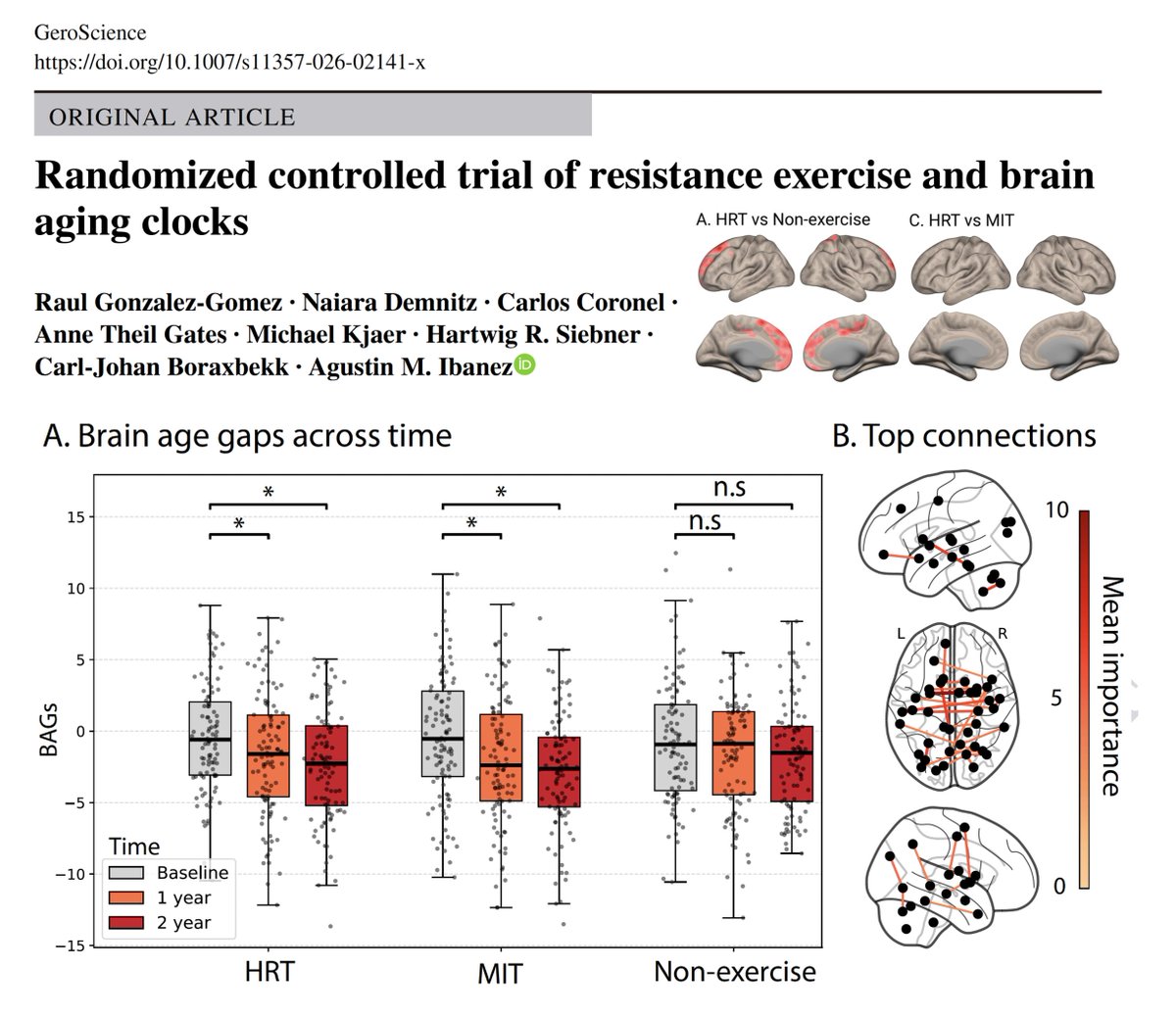 Exercise improves brain health, but can it also delay brain aging? In a randomized controlled trial, we show that moderate- and heavy-resistance training significantly reduced accelerated aging in brain clocks (estimated with fMRI). The effect is global and distributed, not