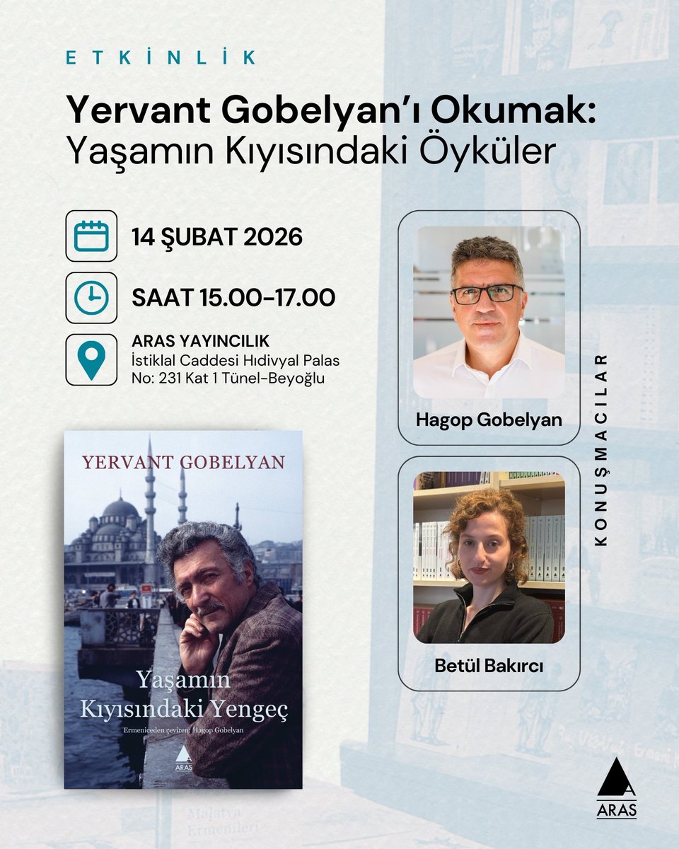 Ermenice edebiyatın en üretken yazarlarından Yervant Gobelyan’ı konuşmak üzere, “Yervant Gobelyan’ı Okumak: Yaşamın Kıyısındaki Öyküler” etkinliğinde bir araya geliyoruz! Gobelyan’ın taze öykü kitabı “Yaşamın Kıyısındaki Yengeç”in çevirmeni Hagop Gobelyan ve kitabın editörü Betül