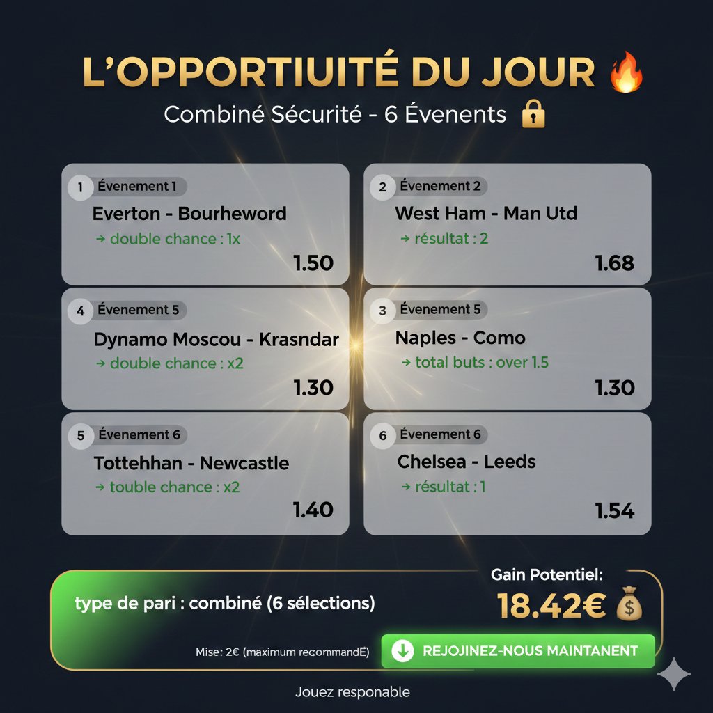 (تركيز على الأمان والثقة):
"6/6 EN PRÉPARATION... LE COUP PARFAIT ! ✅🔒"
"الكل يبحث عن الربح السريع، ونحن نقدم لك الربح المضمون. انضم إلى القافلة قبل فوات الأوان! 📉

#توقعات_اليوم #مباريات_اليوم #ارباح #توقعات_كرة_القدم

#PremierLeague #SerieA #SportsBetting #Winning