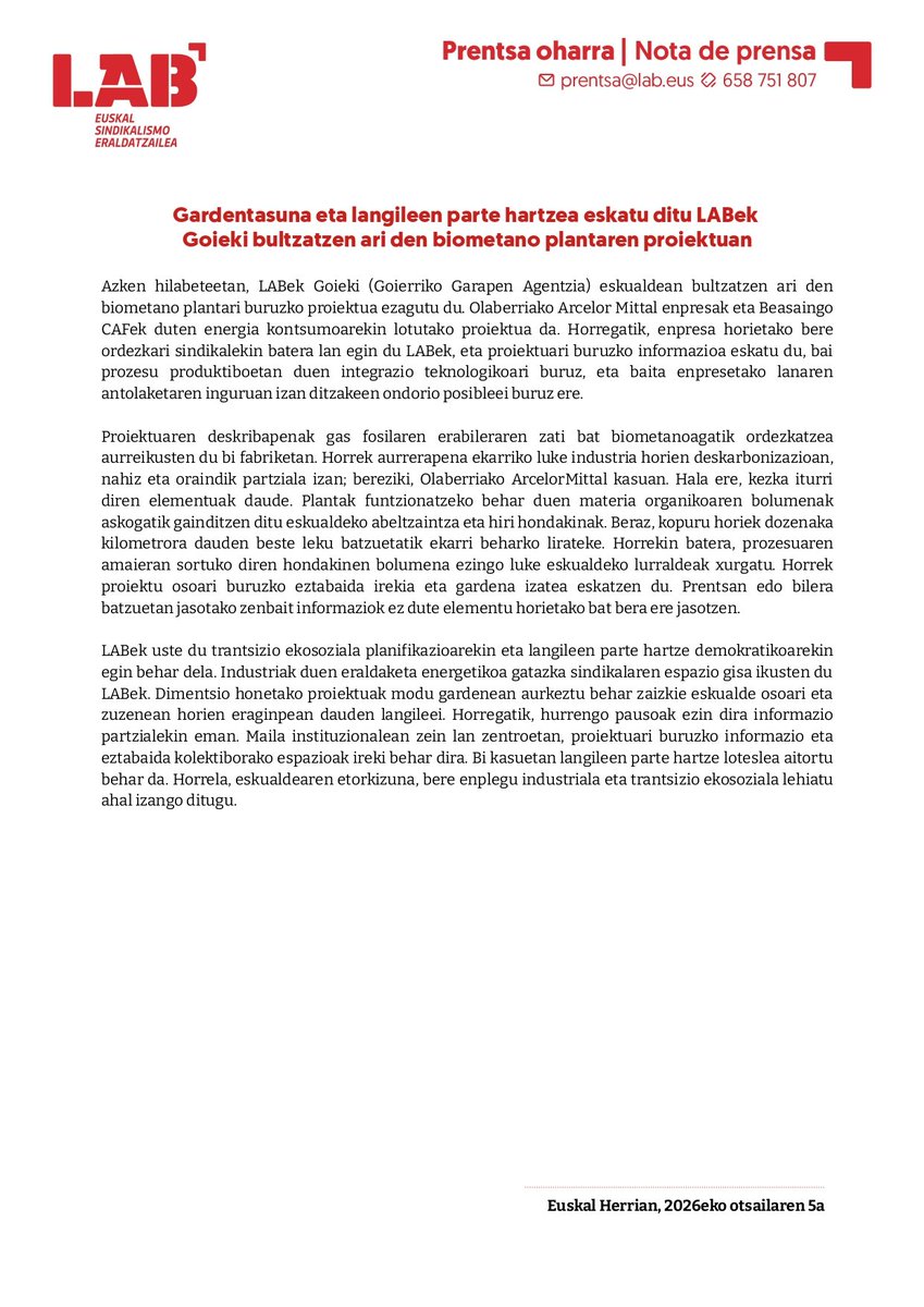 LAB_Goi_Tol_Bur's tweet image. Oharra hau plazaratu dugu eskualdean eraiki asmo duten biometano plantaren inguruan, gardentasuna eta langileon parte hartzea eskatuz.

"Trantsizio ekosozialak planifikatua izan behar du, langileon parte hartze demokratikoarekin".