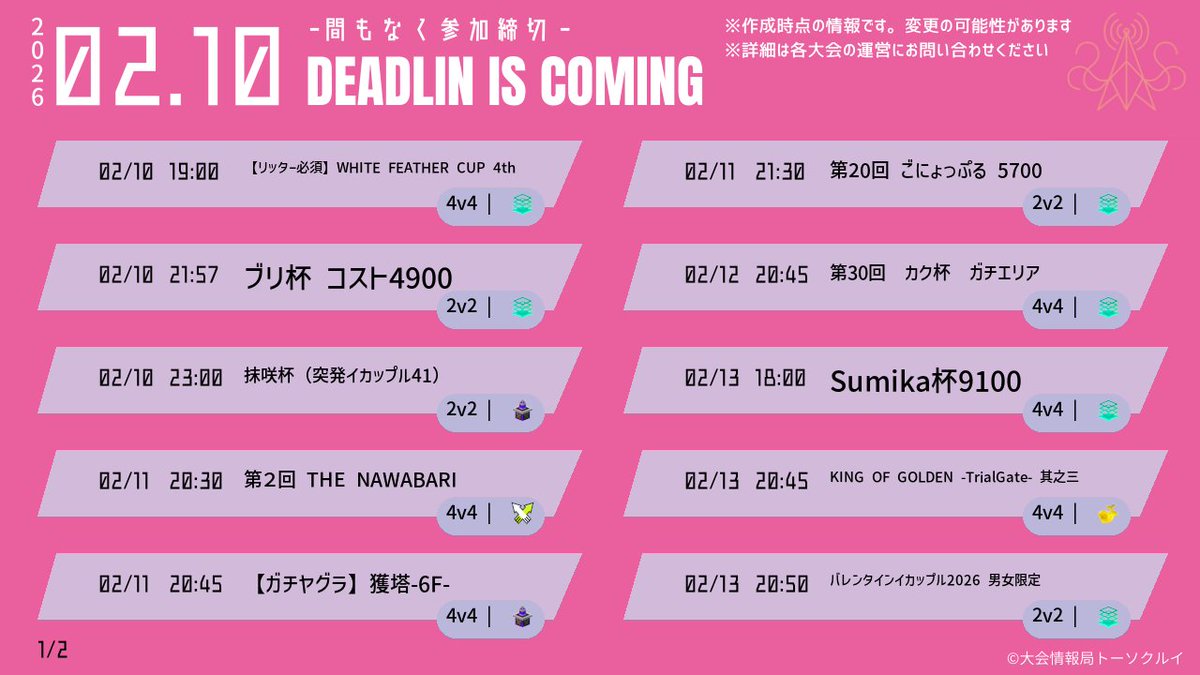 spl_tic's tweet image. 【TODAY'S INFOMATION】🛠️
本日開催＋まもなく応募締切の大会情報をお届け🛵💨

◆開催予定の大会の情報ポストは👇
x.gd/ldWqM

◆締切間近の大会の情報ポストは👇
x.gd/X7kAU

興味のある大会を見つけてスプラを楽しもう！
大会情報発信中📡フォロー＆拡散歓迎🙌