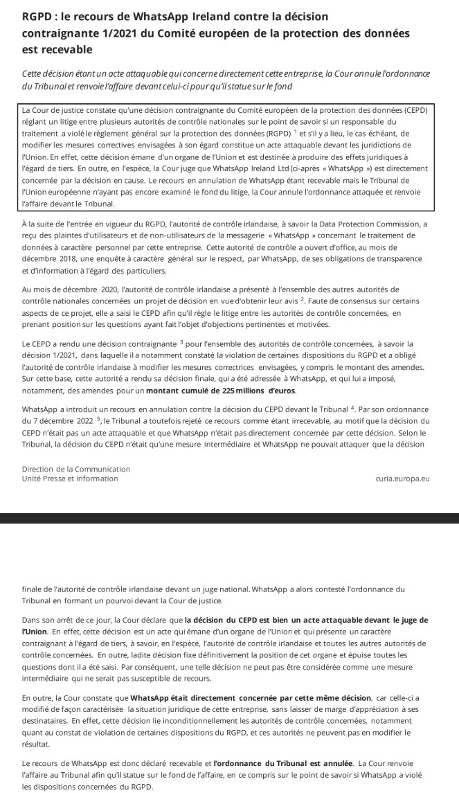 reesmarc's tweet image. (cp) Arrêt de la Cour dans l’affaire C-97/23 P | WhatsApp Ireland/Comité européen de la protection des données : "#RGPD : le recours de WhatsApp Ireland contre la décision contraignante 1/2021 du Comité européen de la protection des données est recevable"