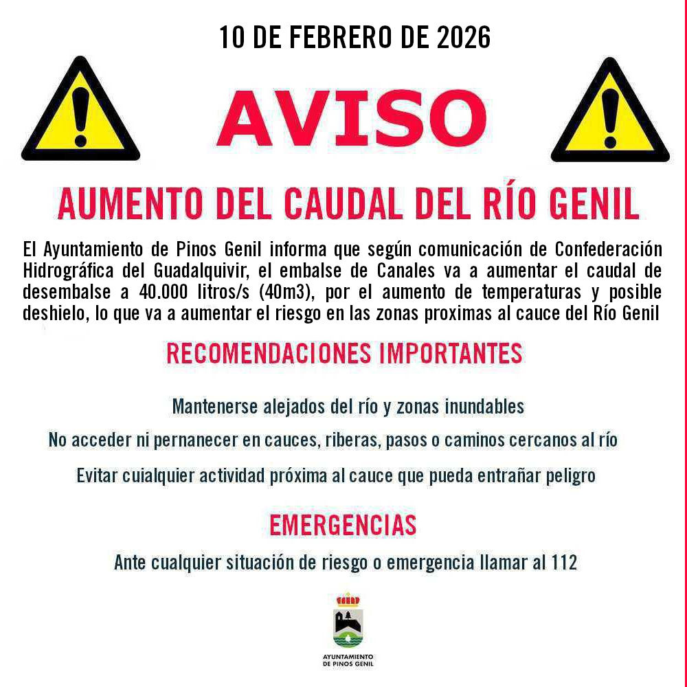 <a href="/AytoPinosGenil/">Ayto. de Pinos Genil</a> informa que según comunicación de CHG, el embalse de Canales va a aumentar el caudal de desembalse a 40.000 litros/s (40m3), por el aumento de temperaturas y posible deshielo, lo que va a aumentar el riesgo en las zonas proximas al cauce del Río Genil #PinosGenil