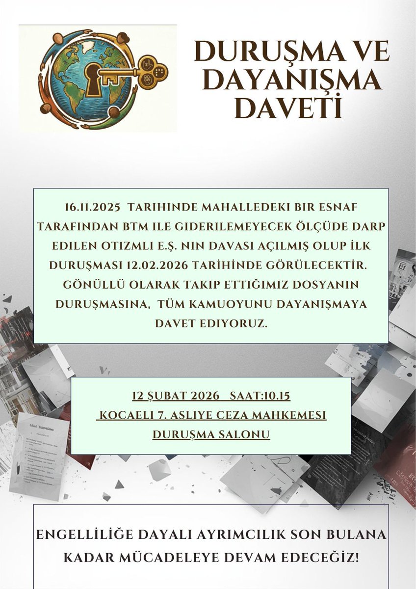 kocder41's tweet photo. 16.11.2025  tarihinde mahalledeki bir esnaf tarafından  darp edilen otizmli E.Ş. davası açılmış olup ilk duruşması 12.02.2026 tarihinde görülecektir. Duruşma yer ve tarih bilgisi: 12 şubat 2026  Saat:10.15
 Kocaeli 7. Asliye Ceza Mahkemesi Duruşma Salonu
@TrOtizmMeclisi https://t.co/AMJpNKYN7n