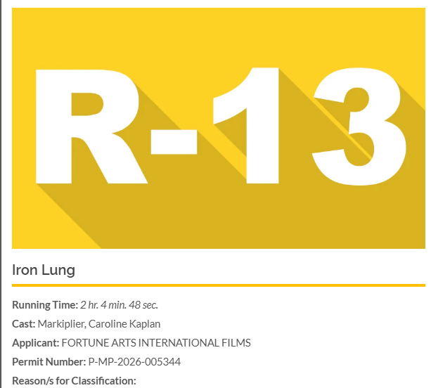 richardmz13's tweet photo. LOOK: Markiplier's #IronLungMovie is rated R-13 by the MTRCB. 

Distributed by Encore Films Philippines, the horror film arrives in Philippine cinemas on February 25. https://t.co/wDyanvsdCd