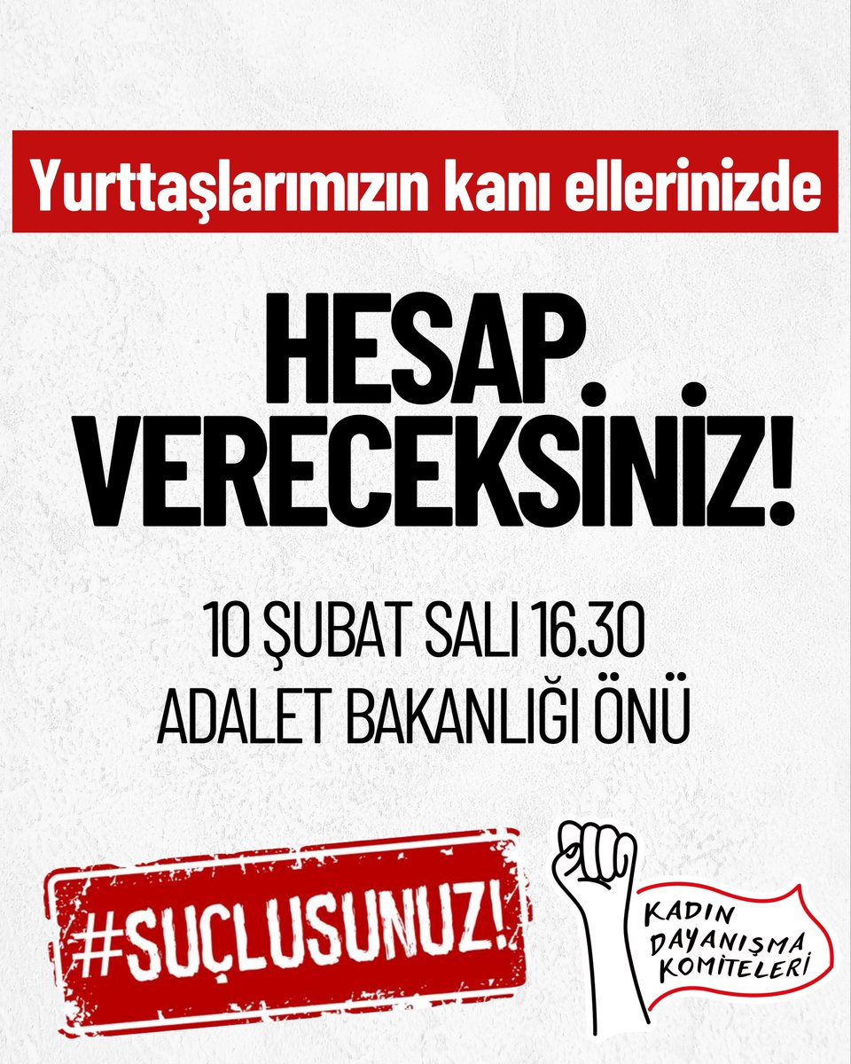 kadindayanismak's tweet photo. Cezaevinden izinli çıkanlar, firar edenler katliamlar yapıyorsa sorumlusu iktidardır!

Yurttaşlarımızın kanı ellerinizde! #suçlusunuz

Hesap sormak için buluşalım:
🗓️ 10 Şubat Salı | 16.30
📍Adalet Bakanlığı önü https://t.co/fxRiuawip5
