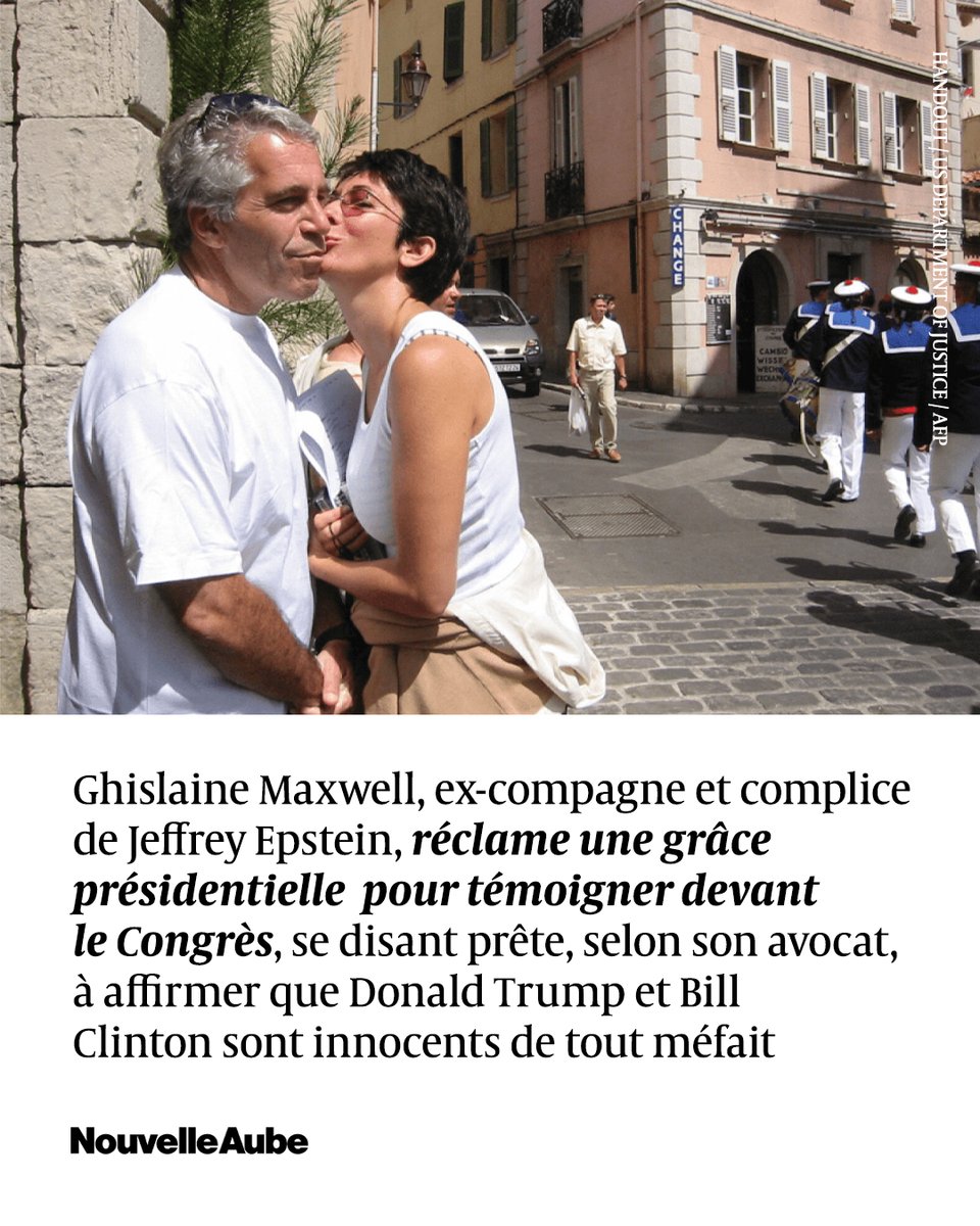 nouvelleaubefr's tweet image. La complice de Jeffrey #Epstein, Ghislaine #Maxwell, a refusé de répondre aux questions d'une commission de la Chambre américaine des représentants mais s'est dite prête à le faire en échange d'une grâce présidentielle de Donald #Trump.