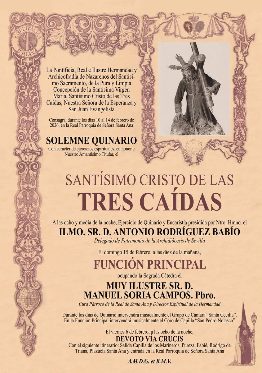 #CULTOS | La Hermandad Sacramental de la Esperanza de Triana consagrará, desde hoy, Solemne Quinario y Función Principal en honor al Santísimo Cristo de las Tres Caídas

🗓️ Desde el martes 10 al sábado 14 de febrero.
🕣 20:30h.
📍Real Parroquia <a href="/SantaAnaTriana/">Real Parroquia de Señora Santa Ana</a>