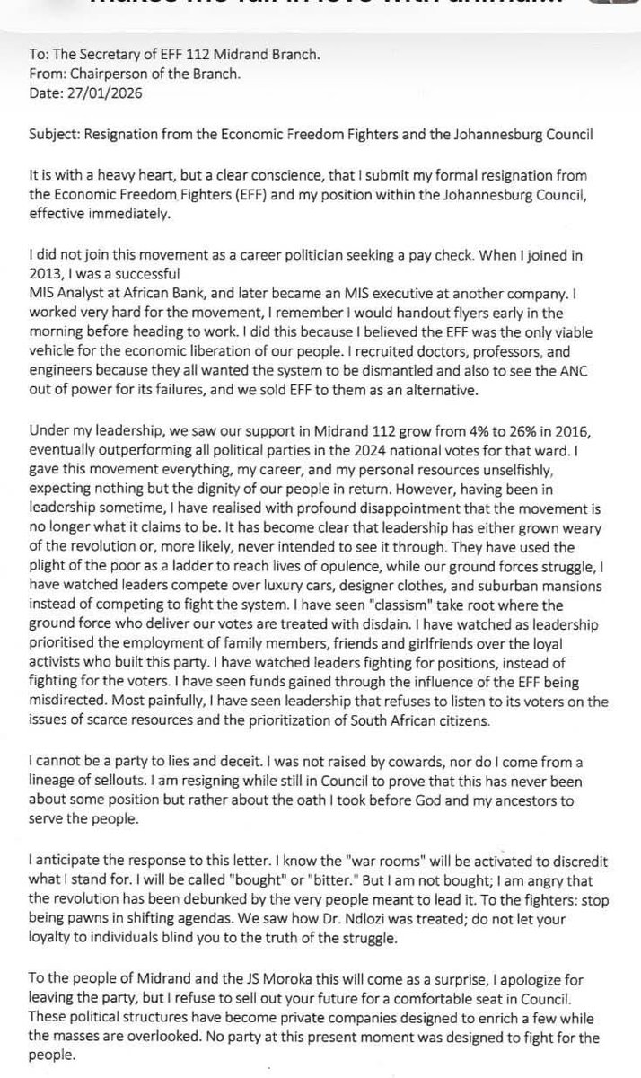 Patricia_Bantom's tweet photo. Breaking News: Cllr Thabiso Telekoa, the Chairperson of 112 Midrand, the best ward that is bringing numbers to the IEC for EFF in the whole of Gauteng resign from Council and membership of the organization. 

This ethical leader decided to put South African first. When your consciousness is clean, you walk away from fakeness ✊🏾✊🏾✊🏾