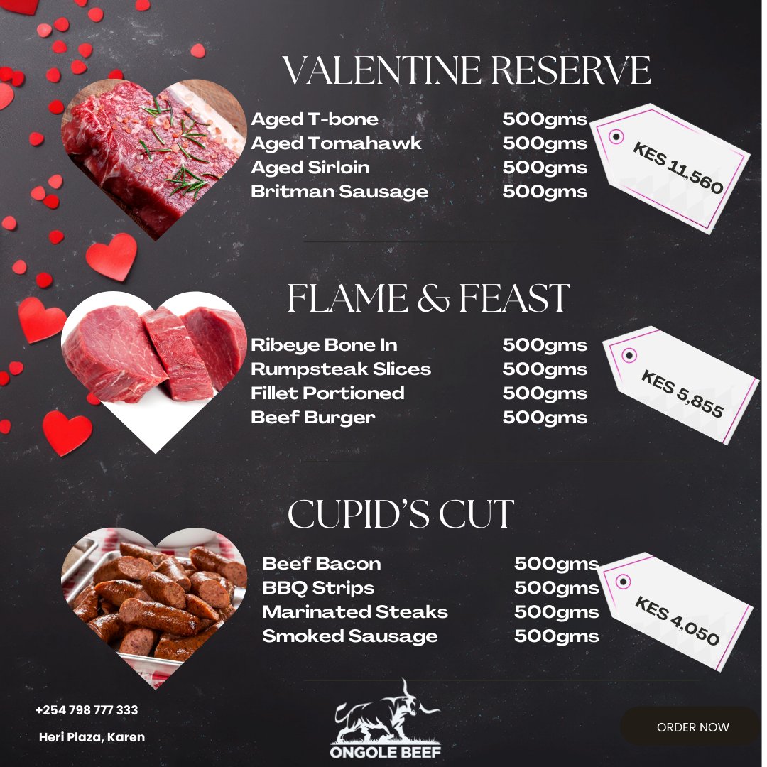 OngoleBeefKe's tweet photo. ❤️🥩 Love deserves the best on the table.
This Valentine’s, enjoy Ongole Beef Valentine’s Packages. From expertly aged cuts to gourmet selections, we bring farm-to-fork quality you can trust.
📍Available till 14 Feb 2026
#OngoleBeef #ValentinesDay2026 #Kenyan #TraceableBeef https://t.co/4LtLoMwIW7