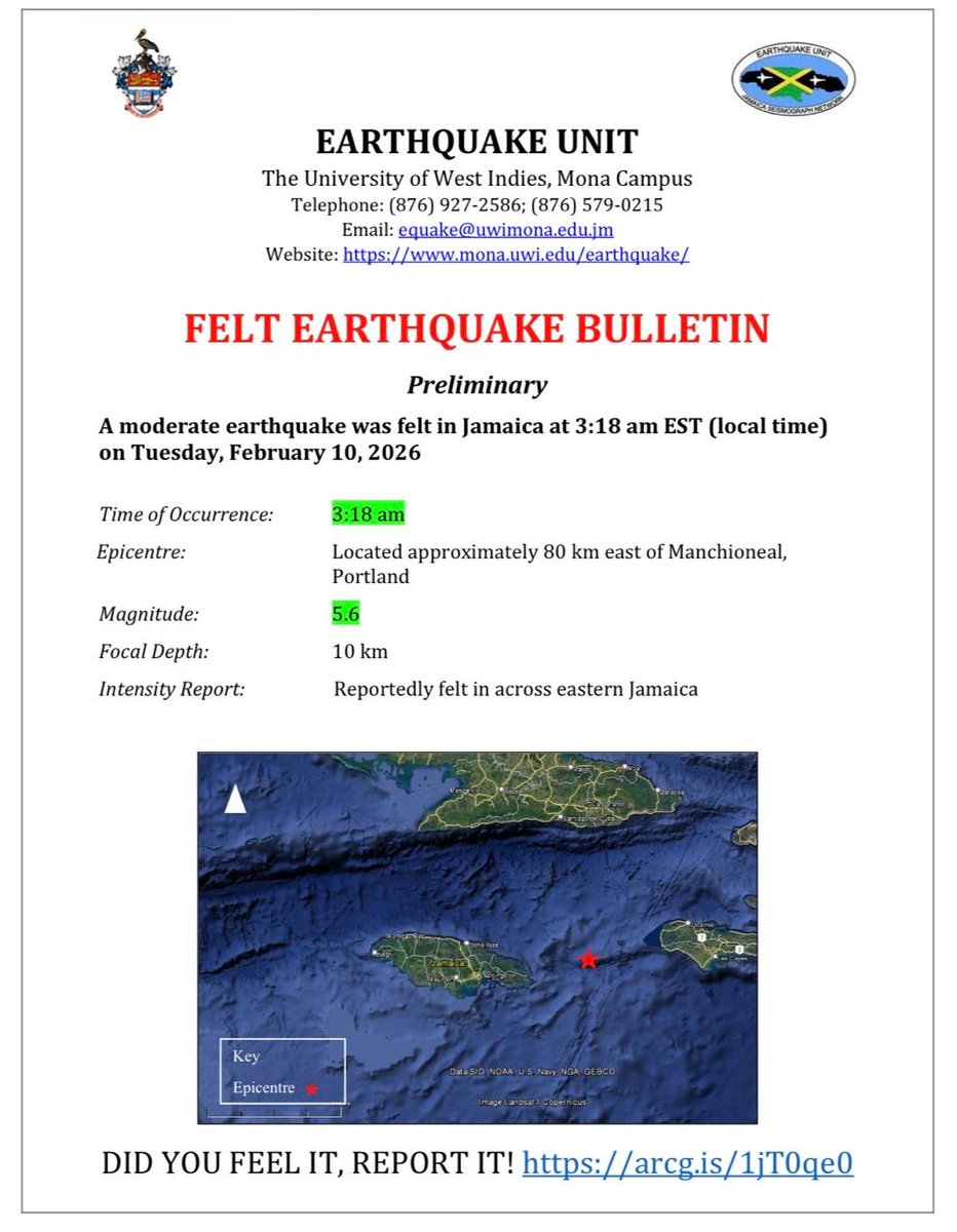 A moderate earthquake of magnitude 5.6. was reported as felt in Jamaica at 3:18 AM on Tuesday, February 10, 2026. Location, approximately 80 km East of Manchionel, Portland. 

Did you feel it?

Report felt earthquakes:
arcg.is/1jT0qe0