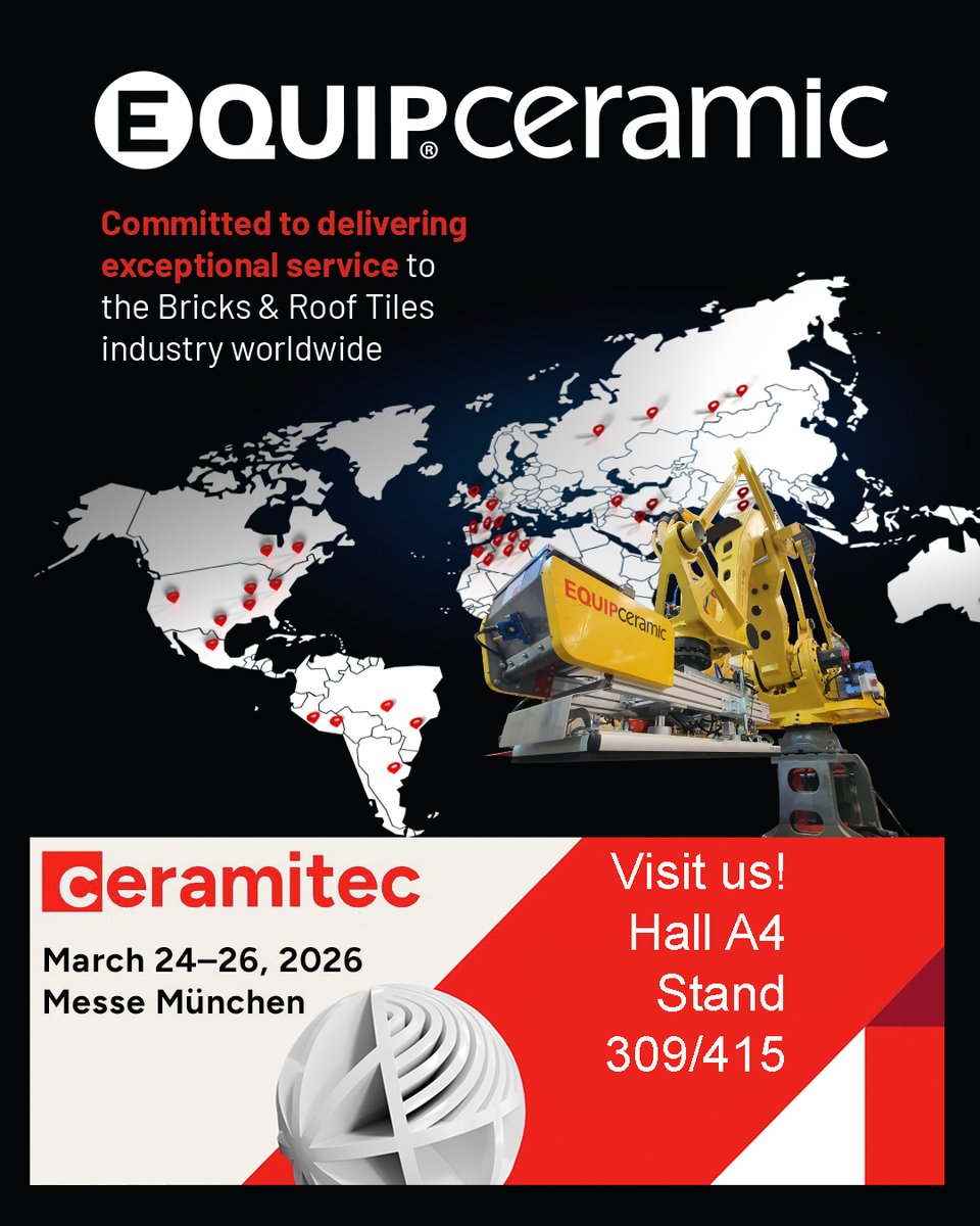 Equipceramic_SA's tweet photo. At #Equipceramic, we will be pleased to welcome you 🤝 in #Ceramitec 2026 
📍In our booth 309/415 in Hall A4.
Do not miss the chance to find out about our latest updates. #engineering  #bricks #innovation #Innovationengineering  #industrial #robotics #equipceramic #brickindustry https://t.co/C409JD8oes