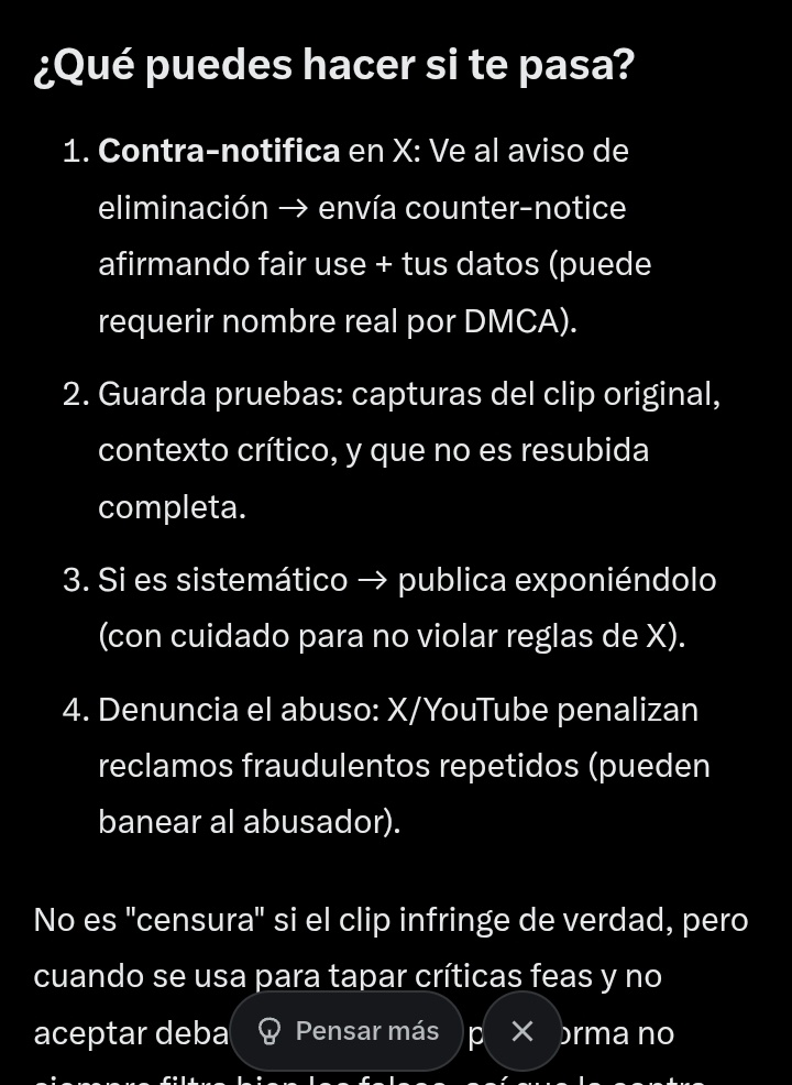 AVISO A NAVEGANTES

En X/Twitter existe el Fair Use
Si te reclaman fraudulentamente un clip por ejercer tu derecho a la crítica, contranotifícalo indicando Fair Use 😏

<a href="/EvelynJanetP/">Evelyn Pardo (La Sultana)</a> 
<a href="/robespain/">Robe 🐈‍⬛🐈🐈‍⬛🕶️🌹🌹🌹</a> 

Rober etiqueta a quien le ocurra lo mismo
El método 🧢🧢🧢 de censura ya cansa