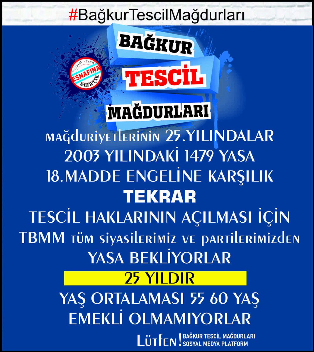 TESCİLmağduruyuz #tescilyönetimi
<a href="/cenginyurt52/">Cemal Enginyurt</a> <a href="/eczserkansari/">Serkan Sarı 🇹🇷</a> <a href="/melih_meric/">Melih Meriç</a>
<a href="/RTErdogan/">Recep Tayyip Erdoğan</a> <a href="/eczozgurozel/">Özgür Özel</a> <a href="/dbdevletbahceli/">Devlet Bahçeli</a> <a href="/erbakanfatih/">Dr. Fatih Erbakan</a> <a href="/TBMMresmi/">TBMM</a> <a href="/isikhanvedat/">Prof. Dr. Vedat Işıkhan</a> <a href="/csgbakanligi/">T.C. Çalışma ve Sosyal Güvenlik Bakanlığı</a> <a href="/rprefahpartisi/">Yeniden Refah Partisi</a> <a href="/AYMBASKANLIGI/">Anayasa Mahkemesi</a> <a href="/B_Palandoken/">Bendevi Palandöken</a>
<a href="/herkesicinCHP/">CHP 🇹🇷</a> <a href="/Akparti/">AK Parti</a>  <a href="/_cevdetyilmaz/">Cevdet Yılmaz</a> #BağkurTescilMağdurları