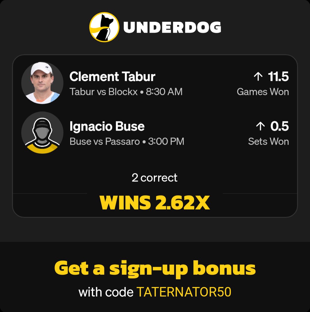 30% Tennis 🎾 boost like if you riding 
#Tennis #UnderdogFantasy
#Freeplay 
play.underdogfantasy.com/es-zg67h9UnlA