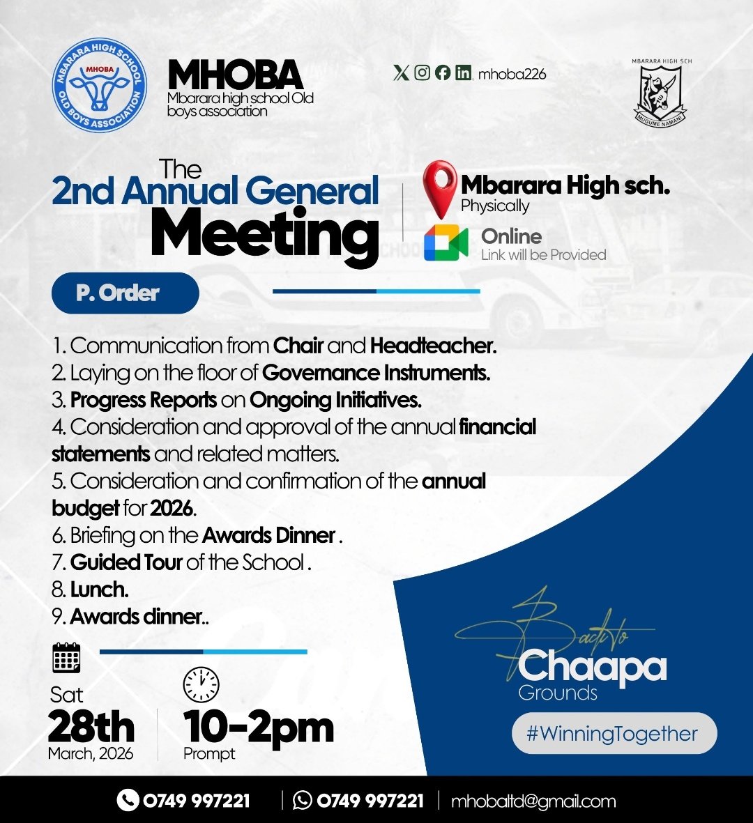 🌟NOTICE 🌟
The Second MHOBA Annual General Mmeeting (AGM) 
MHOBA will hold its 2nd Annual General Meeting on 28 March 2026, 10:00am–2:00pm, in line with Clause 23 of the Memorandum &amp; Articles.

📍 Physical : Mbarara High School
💻 Virtual : Google Meet (link to be shared via