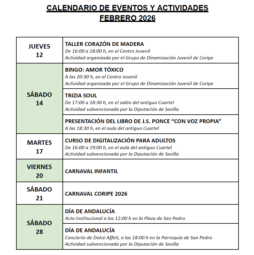 AytoCoripe's tweet photo. ‼ Publicado el calendario de actividades para este mes de Febrero ‼

✅ https://t.co/yLP2IJJ07D

✅ https://t.co/qed6jZZxzl

#Febrero2026 #Carnaval2026 #carnavalcoripe2026 #cultura #tradiciones #coripe https://t.co/Ay4CJFXWhs