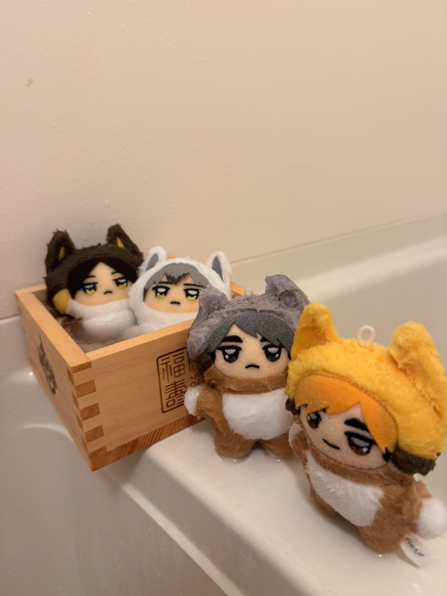 e_k980315's tweet image. よくお出かけに行ってくれる🦊ズ

初お風呂🛁

仲良く入ってもらった🤣💗

#うちのちみけも

この枡もらって正解だったけど２つにしてもよかったかな🙄