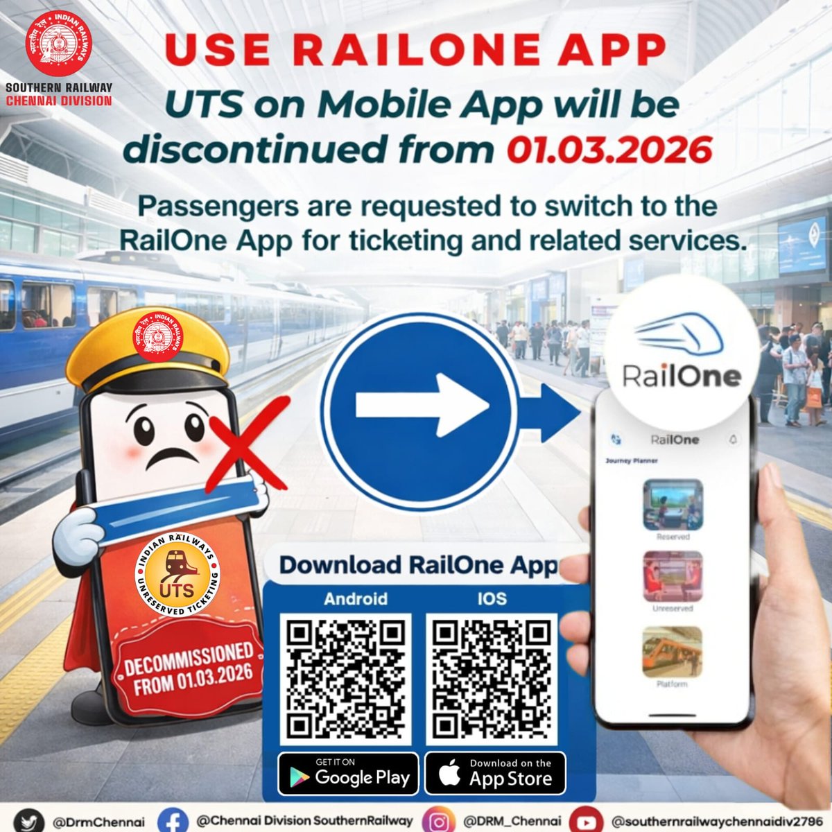 DrmChennai's tweet image. Switch to RailOne for your daily ticketing needs.

UTS on Mobile will be decommissioned from 01.03.2026.

Download RailOne and continue your journey without interruption.

#RailOneApp #Tickets #SouthernRailway #IndianRailways