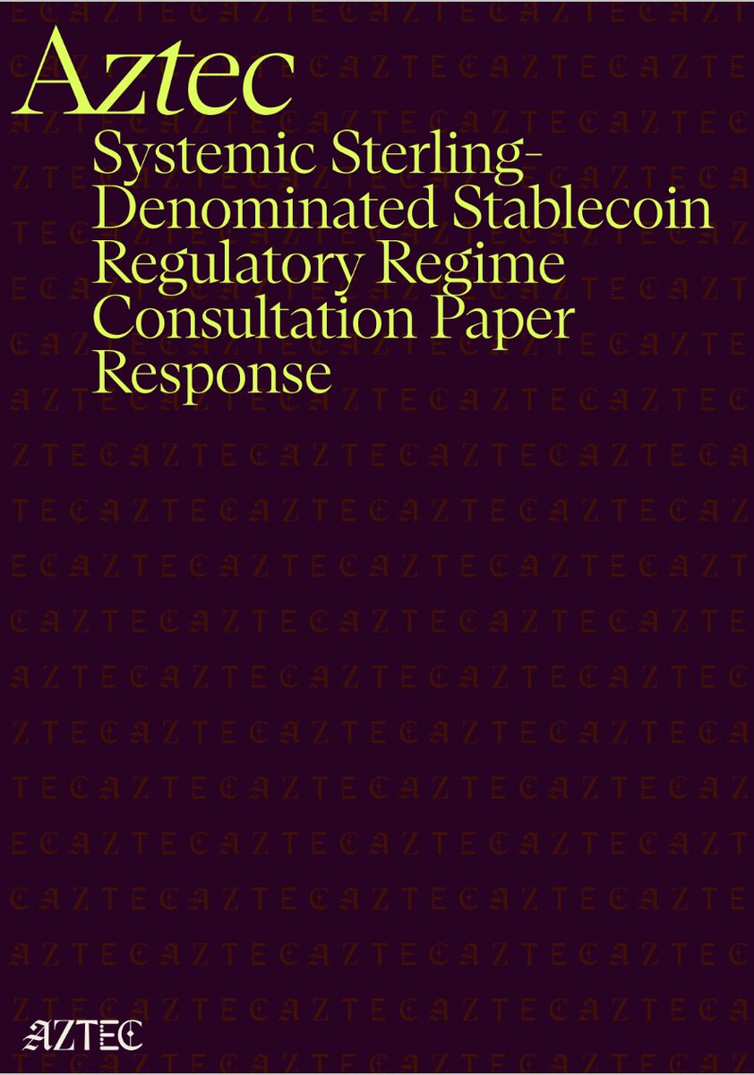 Aztec Labs (<a href="/aztecnetwork/">Aztec</a> developer) has responded to the <a href="/bankofengland/">Bank of England</a>'s consultation on the "regulatory regime for sterling-denominated systemic stablecoins"

The stakes? High. How the UK designs this regime will decide the future of privacy in digital finance in the UK 🧵