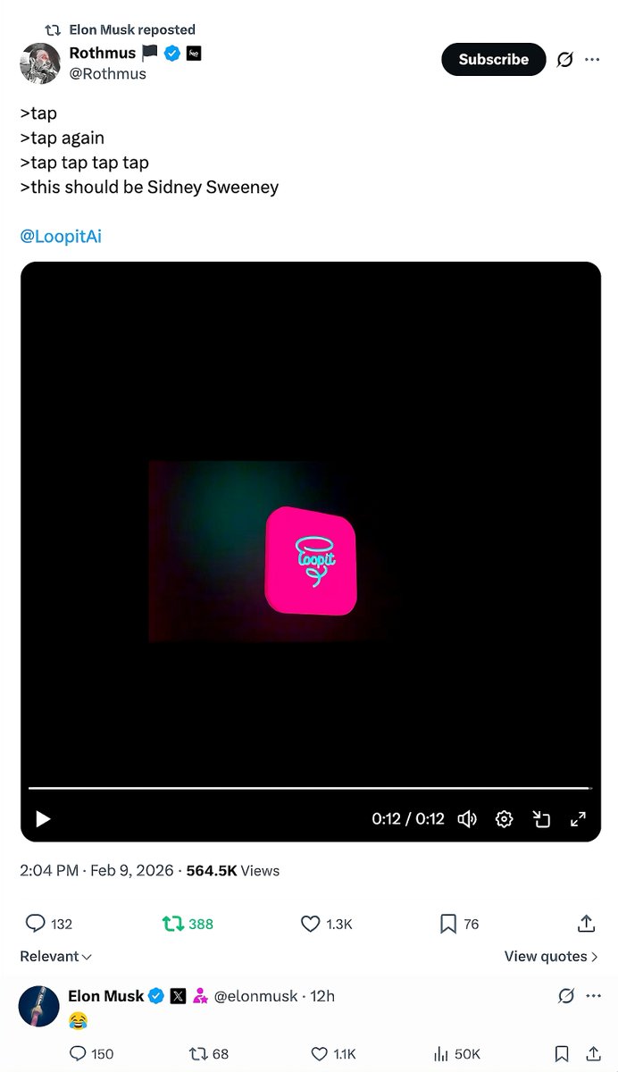 hasantoxr's tweet image. Elon reposted something yesterday.

I happened to download @loopitAI the day before to test it.
Watch what Elon reposts: Midjourney → Sora → LOOPIT

I've been analyzing it for 24 hours. This isn't a tool. It's a content category.

The interesting part: No image needed. Type…
