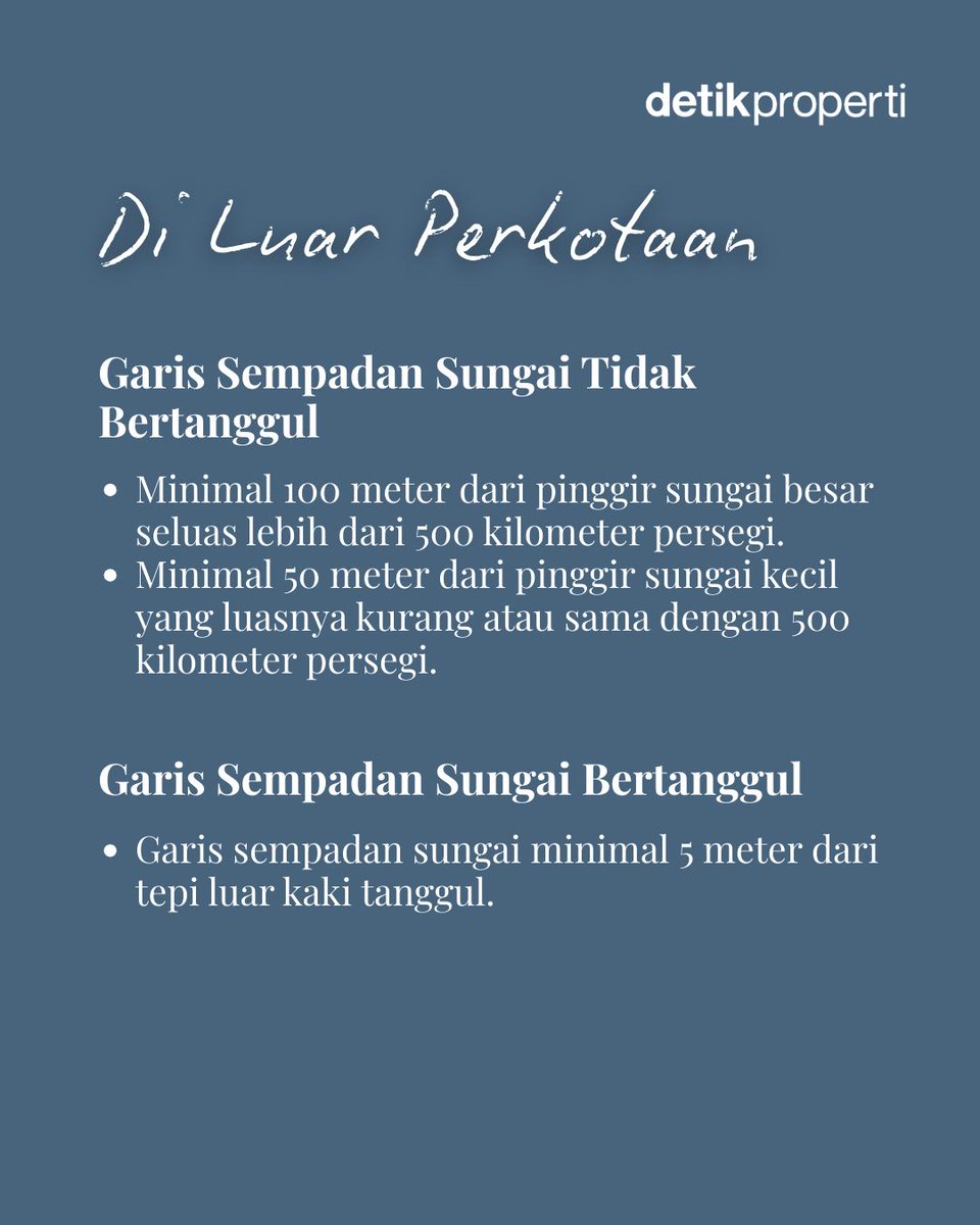 detik_properti's tweet image. Nyatanya, masih banyak yang belum sadar kalau nekat bangun terlalu dekat dengan bibir sungai itu bahaya banget. Cek aturan Garis Sempadan Sungai (GSS) sesuai Permen PUPR No. 28 Tahun 2015 di sini!

#TipsProperti