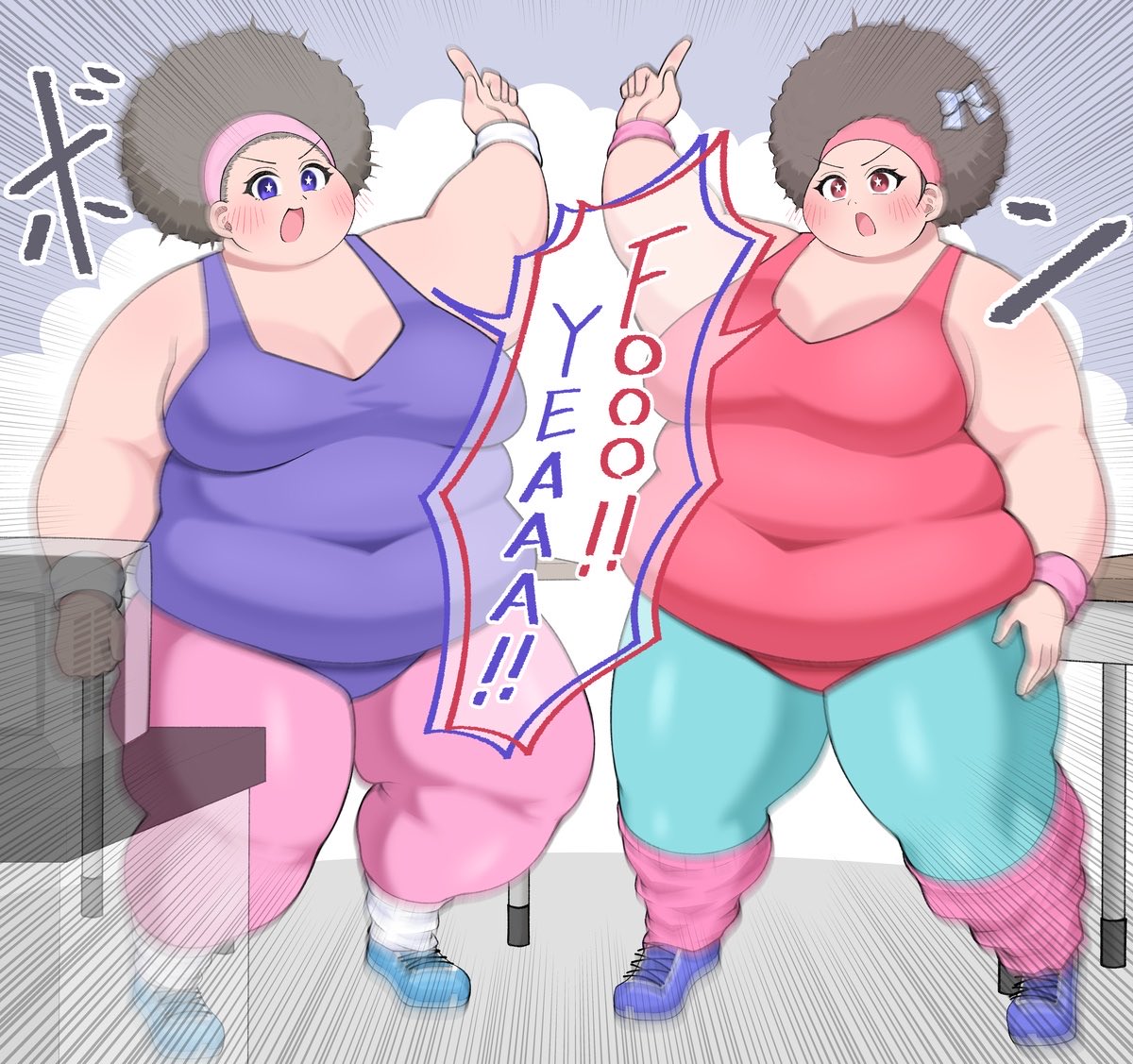 肥満化の呪具㉑ 昭和のエアロビダイエットビデオ
仲良しギャル2人組は停止状態のテレビを見つけ興味本位で再生する。すると画面に時代を感じるエアロビの映像が流れ2人はダサすぎ笑と嘲笑するが、突然画面内から語り掛けられ2人は謎の光と共に姿を巨デブのアフロエアロビクサーへと改変されてしまう… 