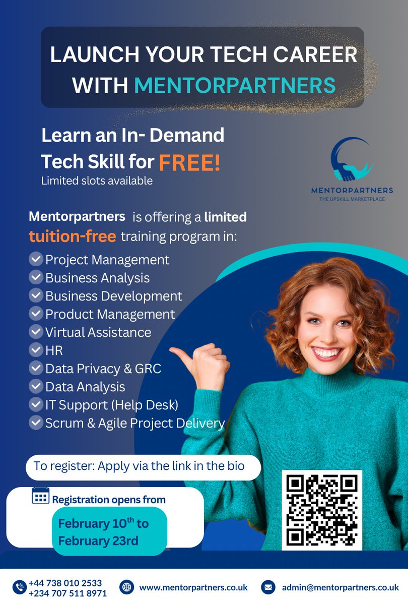 MentorPartners's tweet photo. The Mentorpartners Skill Launch Program is now open.

Limited slots. Structured learning. Real mentors.

Apply via link.

📅 Registration: Feb 10 - 23
🔗 Apply via link

This might be your sign.

https://t.co/sRtY014Q0s

#Mentorpartners #TechScholarship #SkillLaunch https://t.co/Hgey7s6rlD