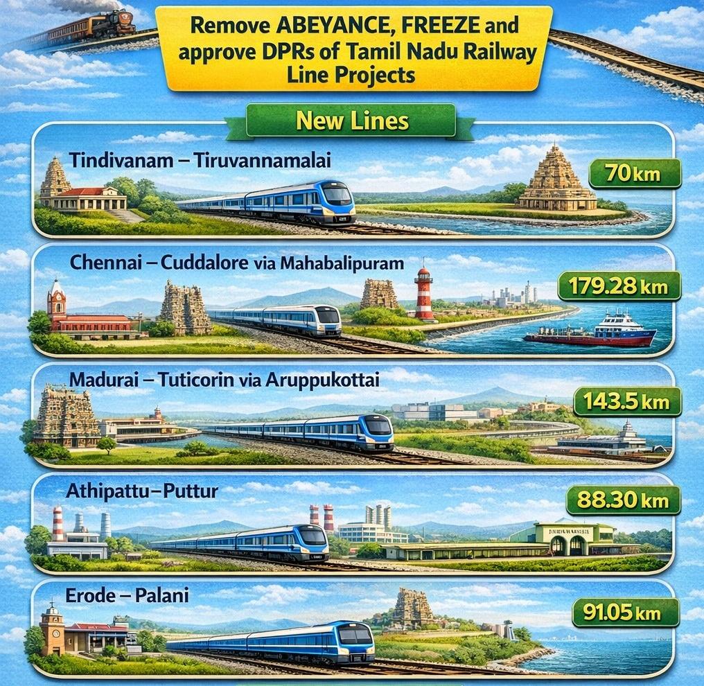 NaveenChandar_'s tweet photo. Still, there is no clarity on De-freezing Tamilnadu New line projects like Tindivanam-Tiruvannamalai, Chennai-Cuddalore &amp; Erode-Palani.

Kindly,de-freeze it ASAP just like you did for WB &amp; KL Projects,so that these long-pending essential projects can be executed @AshwiniVaishnaw https://t.co/ik15AGzrSf