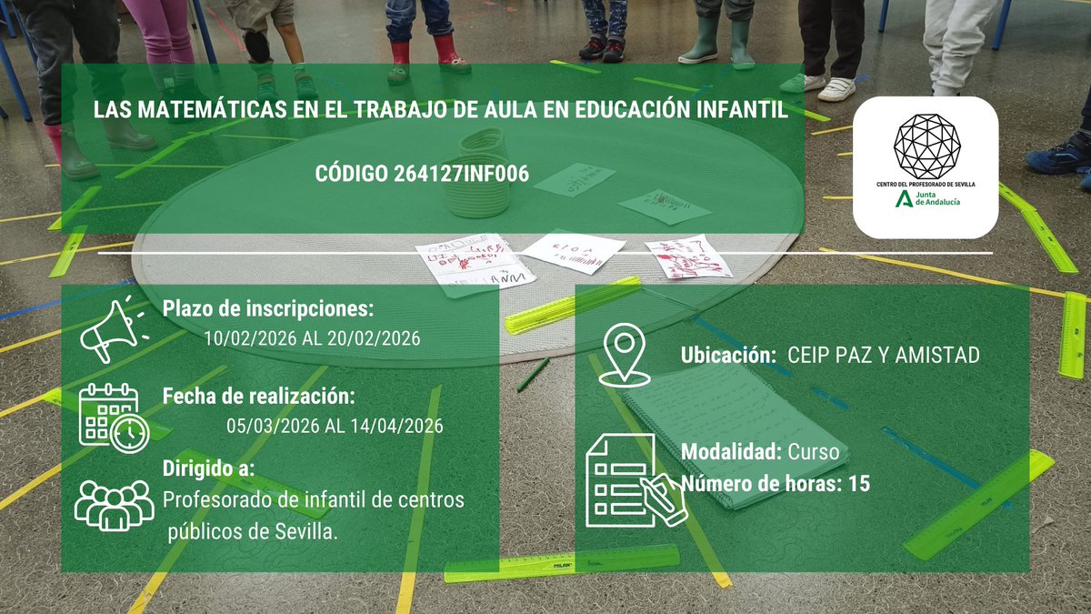 📢Abierto plazo de solicitudes del curso: "Las matemáticas en el trabajo de aula en  educación infantil" hasta el 20/02/2026.

secretariavirtual.juntadeandalucia.es/secretariavirt…
<a href="/CEPdeSevilla/">CEP de Sevilla</a>
