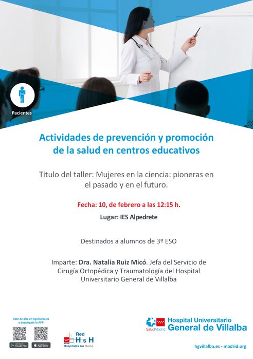 #Agenda 📆 Esta mañana celebraremos en el <a href="/iesalpedrete/">IES Alpedrete</a> el taller "Mujeres en la ciencia: pioneras en el pasado y en el futuro", que será impartido por la Dra. Natalia Ruiz Micó, jefa de nuestro Servicio de Cirugía Ortopédica y Traumatología