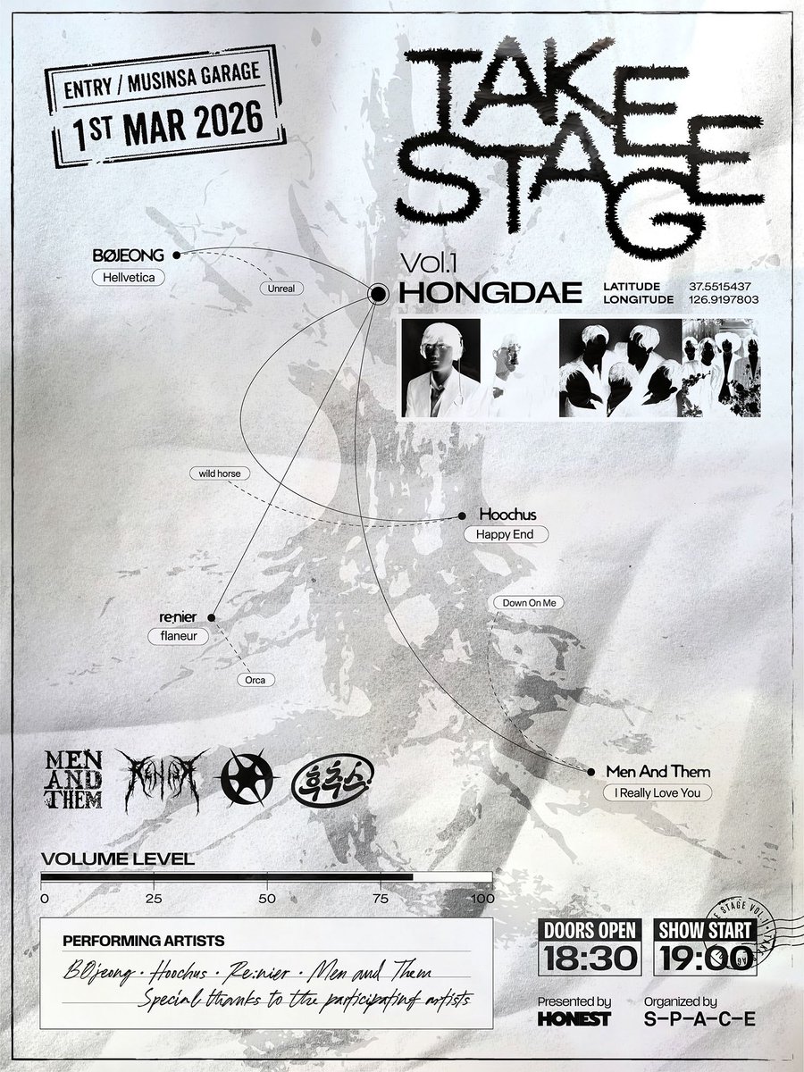 B0JEONG's tweet photo. TAKE STAGE Vol.1 HONGDAE in 무신사개러지

강렬한 색감으로 무대를 채우는 밴드 4팀의 공연
순간을 TAKE하는 아티스트, 음악을 TAKE하는 관객

비공정
후추스
리니어
맨앤뎀

📍 장소
홍대 무신사 개러지 (@musinsagarage)

🗓 공연 일시
2026.03.01 (일) 19:00 https://t.co/1vEUZ8quvk