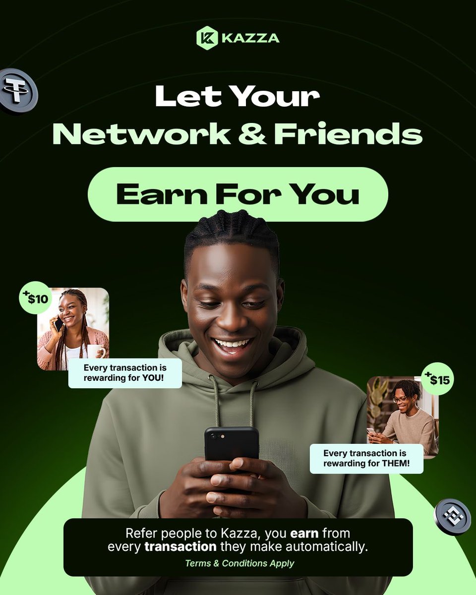 Your network already moves crypto.
Now you can earn from every transaction they make.

With KAZZA Partners:
•⁠  ⁠Referrer earns 0.5% of transaction fees
•⁠  ⁠Referee earns 0.5% of transaction fees

This applies to every transaction made by the referee for 6 months from the