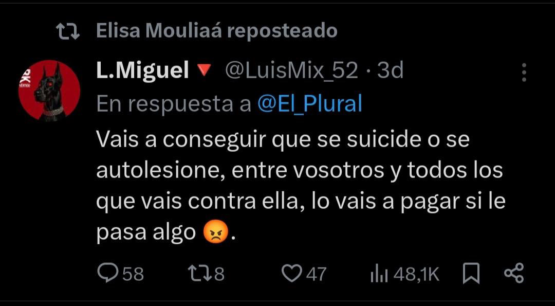 Elisa Mouliaá reposteando advertencias de que podría suicidarse: puro chantaje emocional. Yo me pregunto: ¿nadie pensó que Errejón podría suicidarse cuando ella destruyó su carrera política y el país entero lo tomó por un violador? ¿Y la madre de la niña de cuya muerte se jacta?