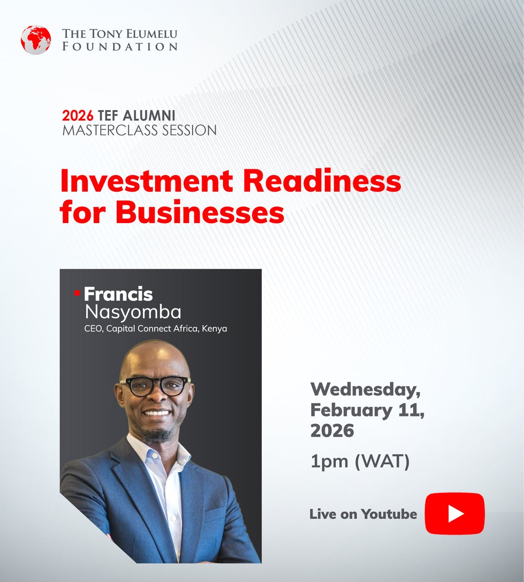 Investment Readiness for Businesses 

Join us tomorrow as Francis Nasyomba, CEO of Capital Connect Africa, shares vital insights on getting your business investor-ready.

Practical tools for the next generation of African giants. 

📅 Feb 11 🕐 1 PM WAT 📺 YouTube Live

#TEF2026
