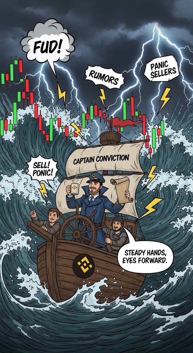 Red &amp; green candlesticks crashing like massive waves.
Lightning strikes: FUD. RUMORS. PANIC SELLERS. ⚡
But the Captain stays calm. The crew holds steady. ☕
P.K.C steer the ship through the chaos.
When the market rages.
Strong hands weather the storm. #BinanceAIShortDramaContest