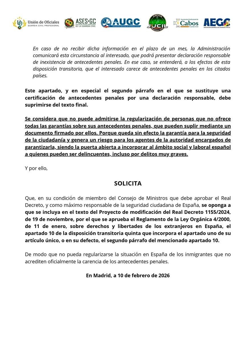 📢 Comunicado conjunto en relación con la modificación del Real Decreto 1155/2024, ante el riesgo inasumible que supone la regularización administrativa sin la acreditación oficial de los antecedentes penales, tanto para la ciudadanía como para los agentes actuantes.