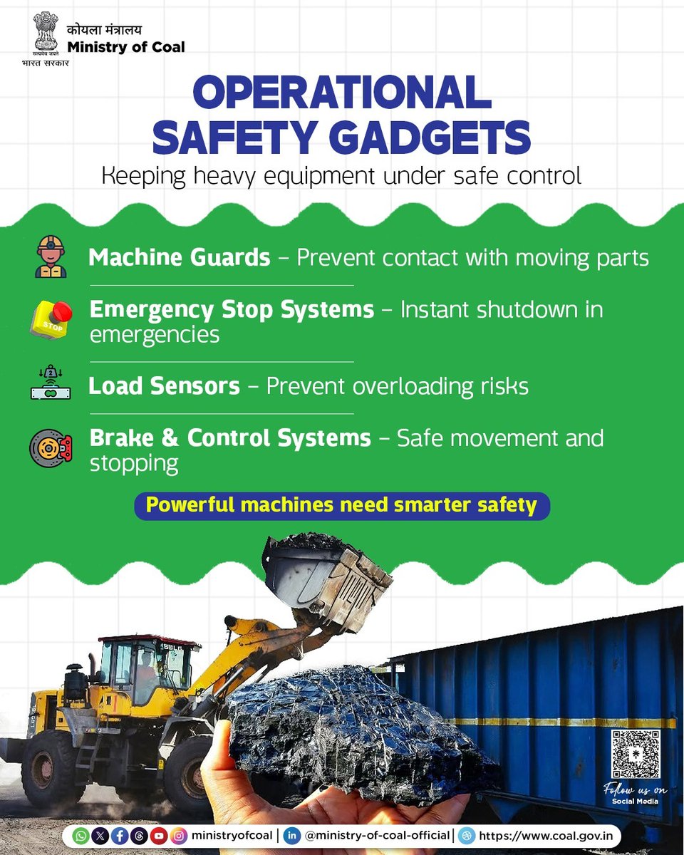 CoalMinistry's tweet image. From machine guards to emergency stop systems, operational safety gadgets play a critical role in preventing risks, protecting workers, and ensuring smooth, secure operations.
Because powerful machines deserve smarter safety.

#MineSafety #OperationalSafety #MinistryOfCoal