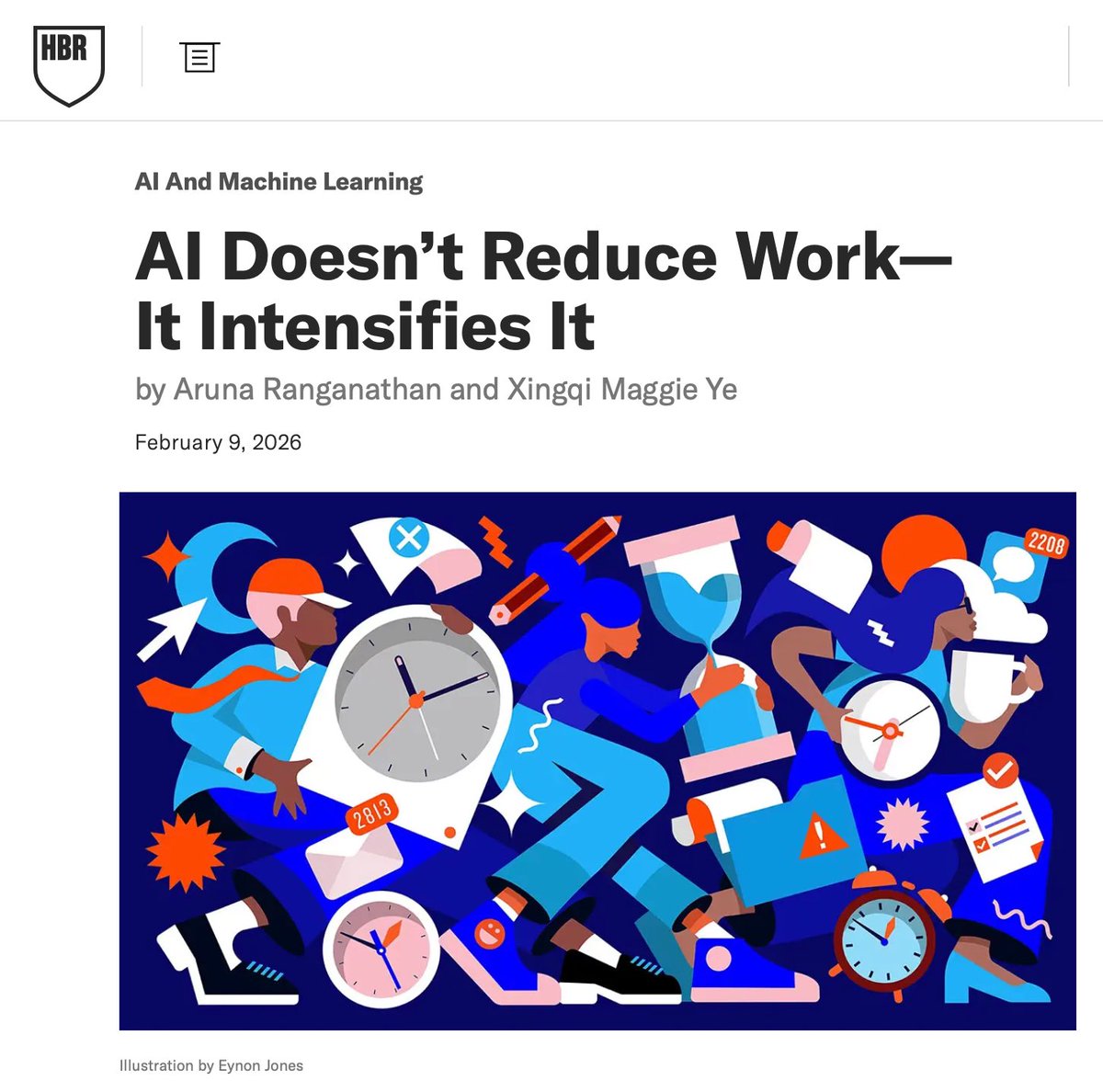 하버드 비즈니스 리뷰에서 나온 연구 결과를 보는데..

= "AI가 일을 줄여준다"는 기대와 달리, 실제로는 일을 더 강화시킨다아!!

미국의 한 200명 규모 테크 기업을 8개월간 관찰한 연구인데요.

회사가 AI 사용을 강제한 것도 아닌데, 직원들이 자발적으로 더 빠르게, 더 넓은 범위의 일을, 더 긴