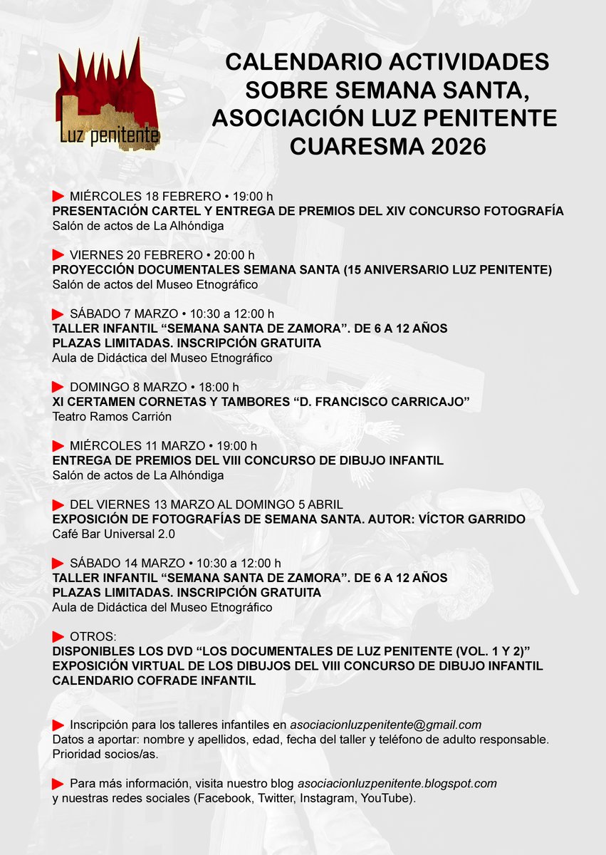 Este es nuestro calendario de actividades para esta Cuaresma. ¡Os esperamos!

#cornetasytambores #concierto #semanasanta #semanasantazamora #zamora #cartel #infantil #concuros #dibujos #fotografia #documentales #proyeccion #calendariocofrade