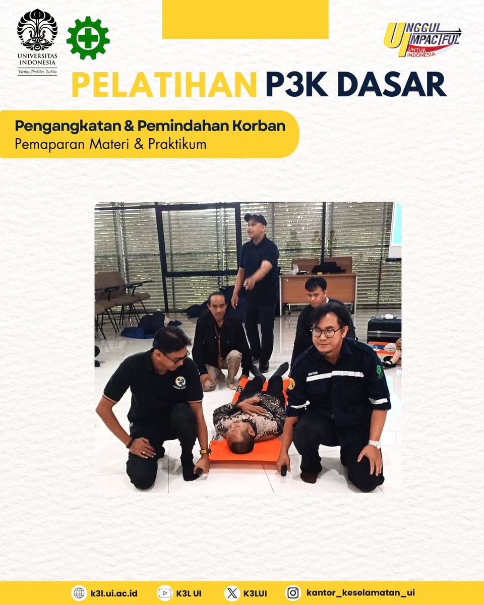 (10/2) Giat "Pelatihan P3K Dasar untuk Tenaga Kependidikan (Tendik) Fakultas/Sekolah/Vokasi UI" dilaksanakan pada tanggal 5 Februari 2026. 

Semoga kegiatan Pelatihan P3K Dasar membawa banyak manfaat untuk kita semua. 🙏🏻🤲🏻

Salam tangguh!!💪🏻

#BulanK3Nasional #UISelamat #UISehat