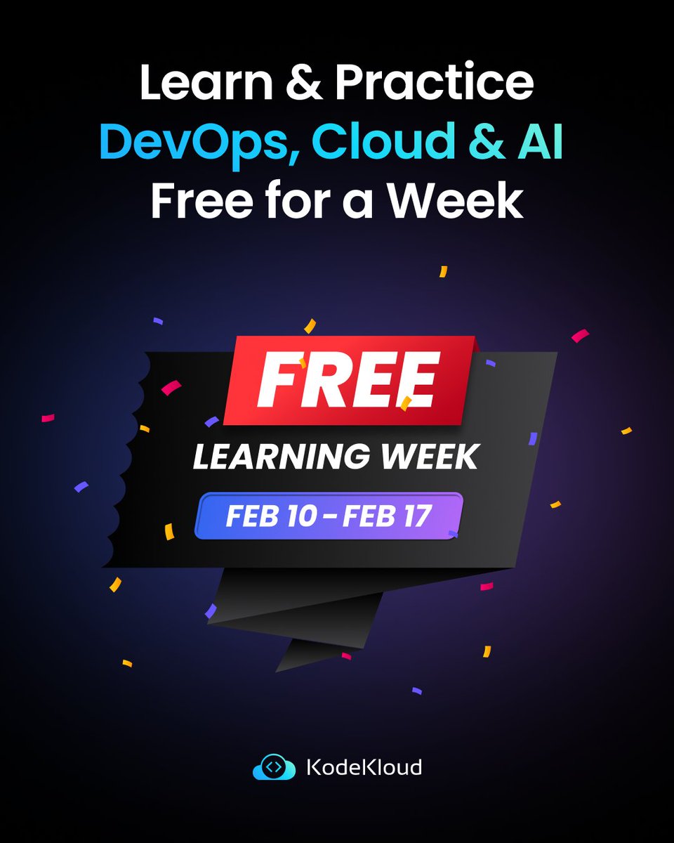 KodeKloudHQ's tweet photo. If learning has been on your 'I’ll start soon' list, THIS is your sign 🚀
A full week of DevOps, Cloud &amp; AI, FREE &amp; hands-on!

Join our Free Learning Week here 👉 https://t.co/TTzE4opZLI https://t.co/8AcIi4uJ2f
