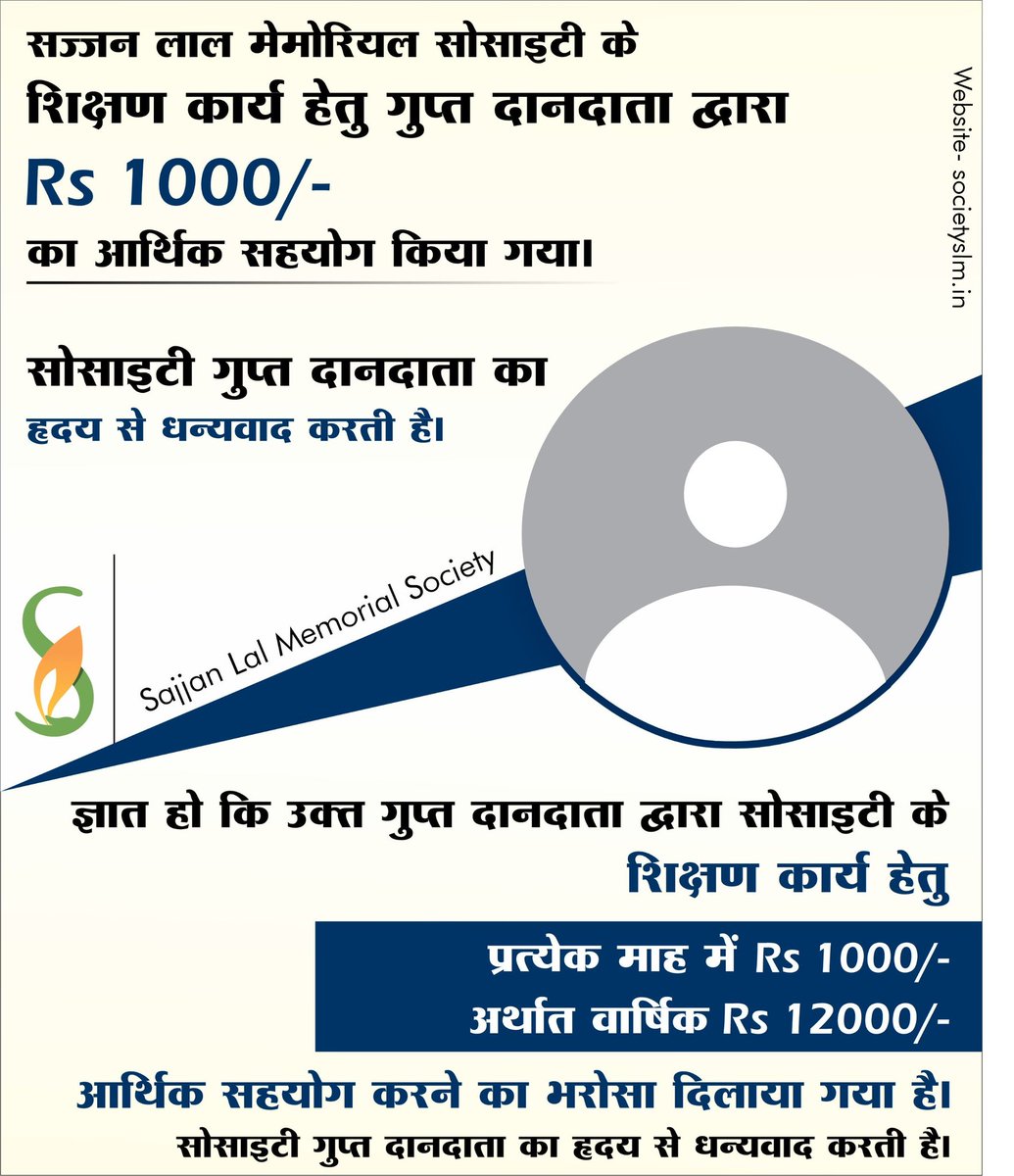 सज्जन लाल मेमोरियल सोसाइटी के शिक्षण कार्य हेतु गुप्त दानदाता द्वारा 1000/-(एक हजार रुपए)का आर्थिक सहयोग किया गया।

ज्ञात हो कि उक्त दानदाता द्वारा सोसाइटी के शिक्षण कार्य हेतु प्रत्येक माह में 1000/- अर्थात वार्षिक 12000/-आर्थिक सहयोग करने का भरोसा दिलाया। 
आपका हृदय से धन्यवाद।