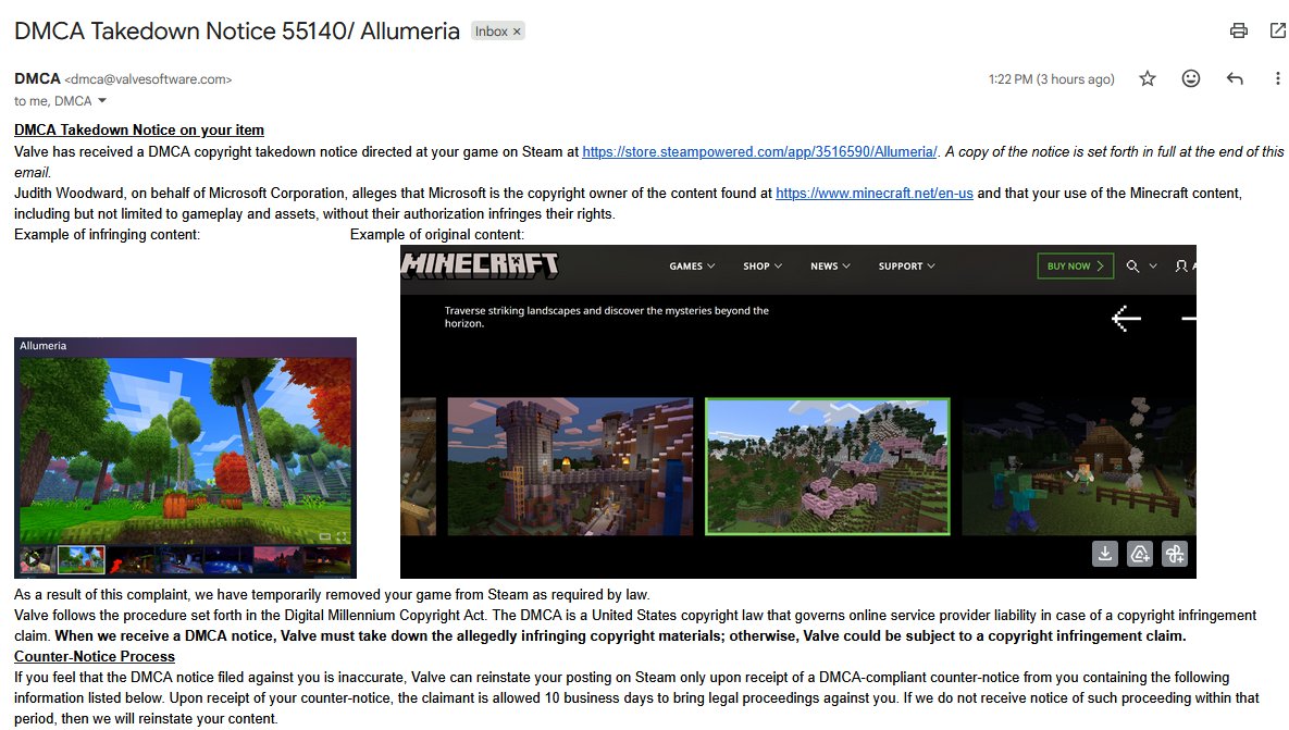 tyronmm's tweet image. Microsoft has filed a DMCA takedown on a tiny voxel game Allumeria on Steam. This is ridiculous. All their art and code is original, its not even in the same programming language. At the very least this demands an official statement from Mojang what the point of this is.